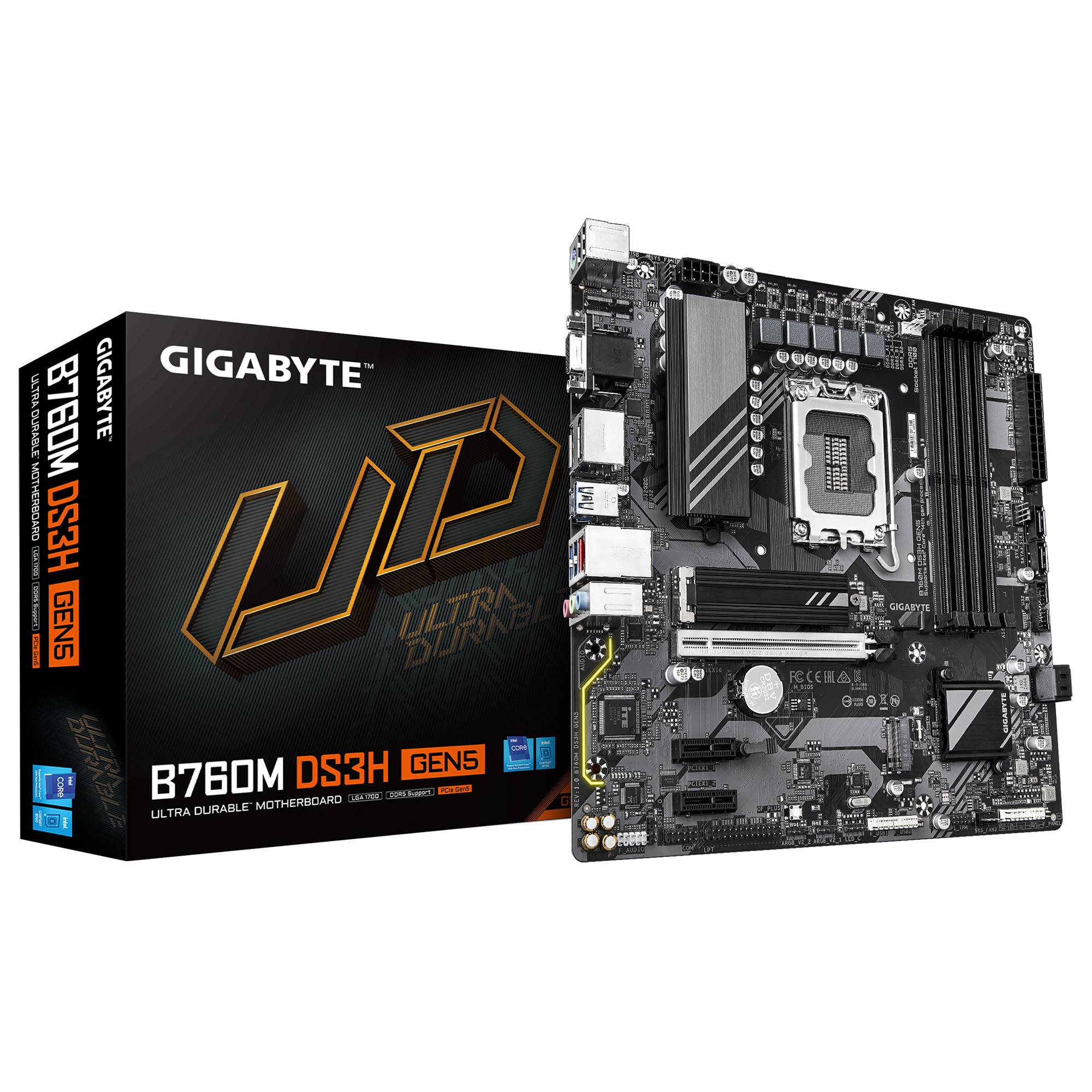 Gigabyte B760M DS3H GEN5 Motherboard neben seiner Einzelhandelsverpackung abgebildet, mit Intel-CPU-Sockel, DDR5-Speichersteckplätzen und PCIe-Erweiterungssteckplätzen.
