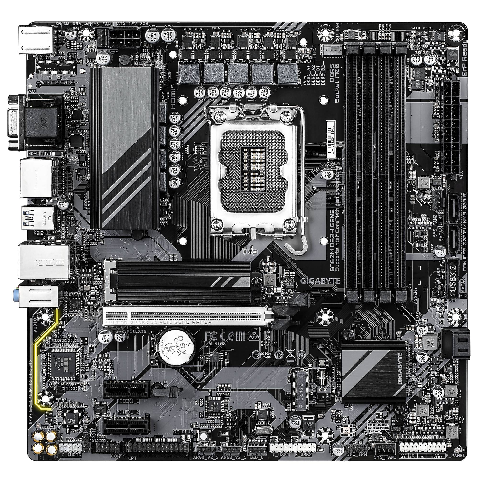 Draufsicht auf ein GIGABYTE-Desktop-Motherboard mit CPU-Sockel, vier RAM-Steckplätzen, PCIe-Steckplätzen, Stromverbindungen und hinteren E/A-Anschlüssen.