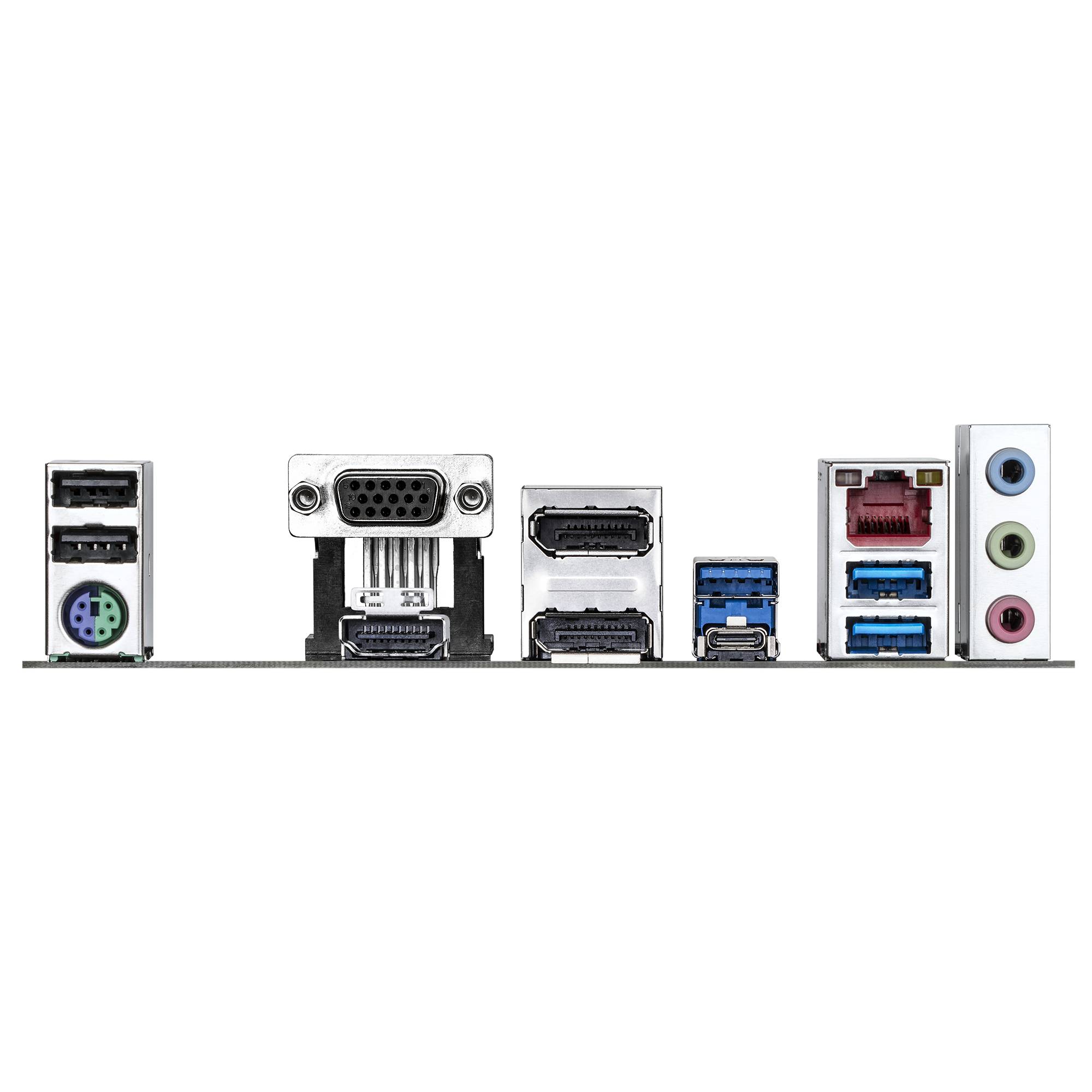 Verschiedene Computer-Motherboard-Rückseiten-E/A-Anschlüsse, darunter USB, VGA, HDMI, Ethernet und Audio-Buchsen, gezeigt vor schwarzem Hintergrund.