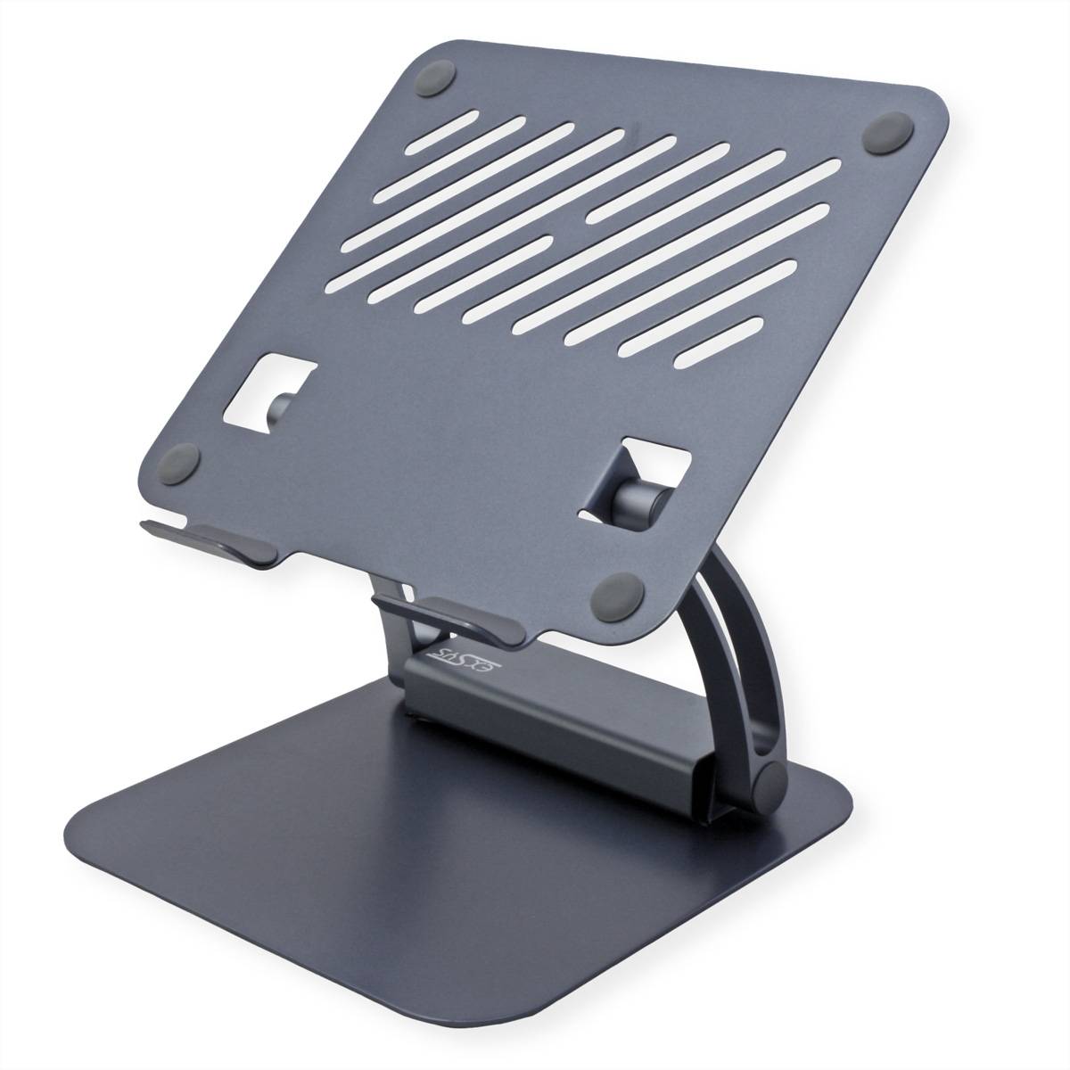 Ein grauer metallischer Laptop-Ständer mit verstellbarem Winkel und Belüftungsschlitzen, entwickelt um Laptops in ergonomischer Blickhöhe zu halten.