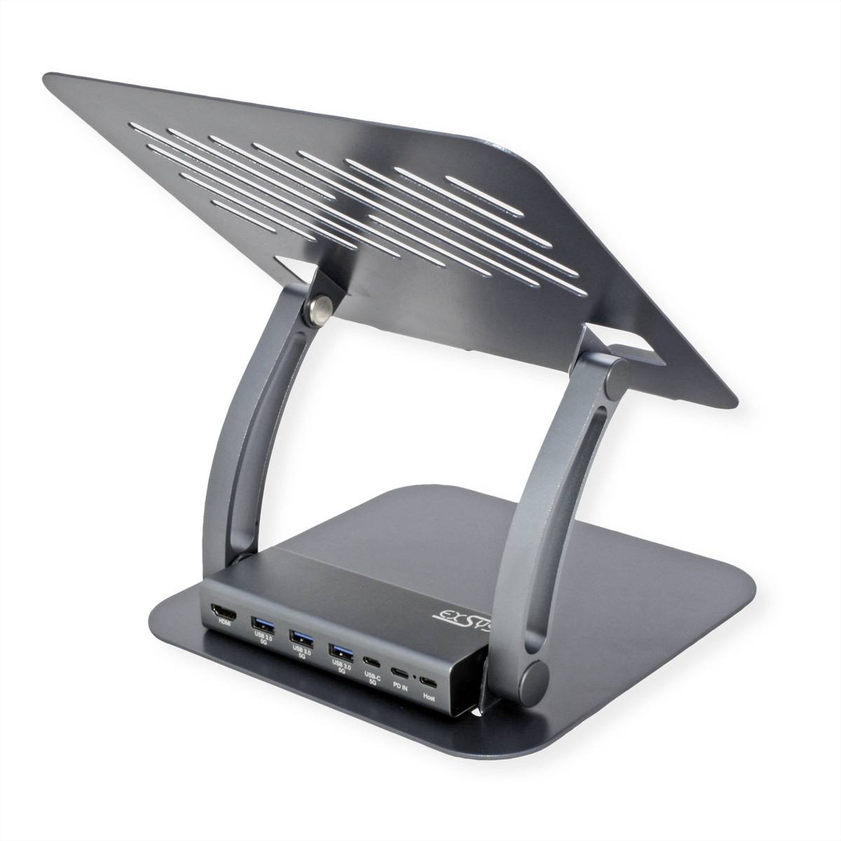 Verstellbarer Laptop-Ständer mit Belüftungsschlitzen, ausgestattet mit einem Multi-Port-Hub mit USB- und HDMI-Anschlüssen an der Basis, vor einem weißen Hintergrund.