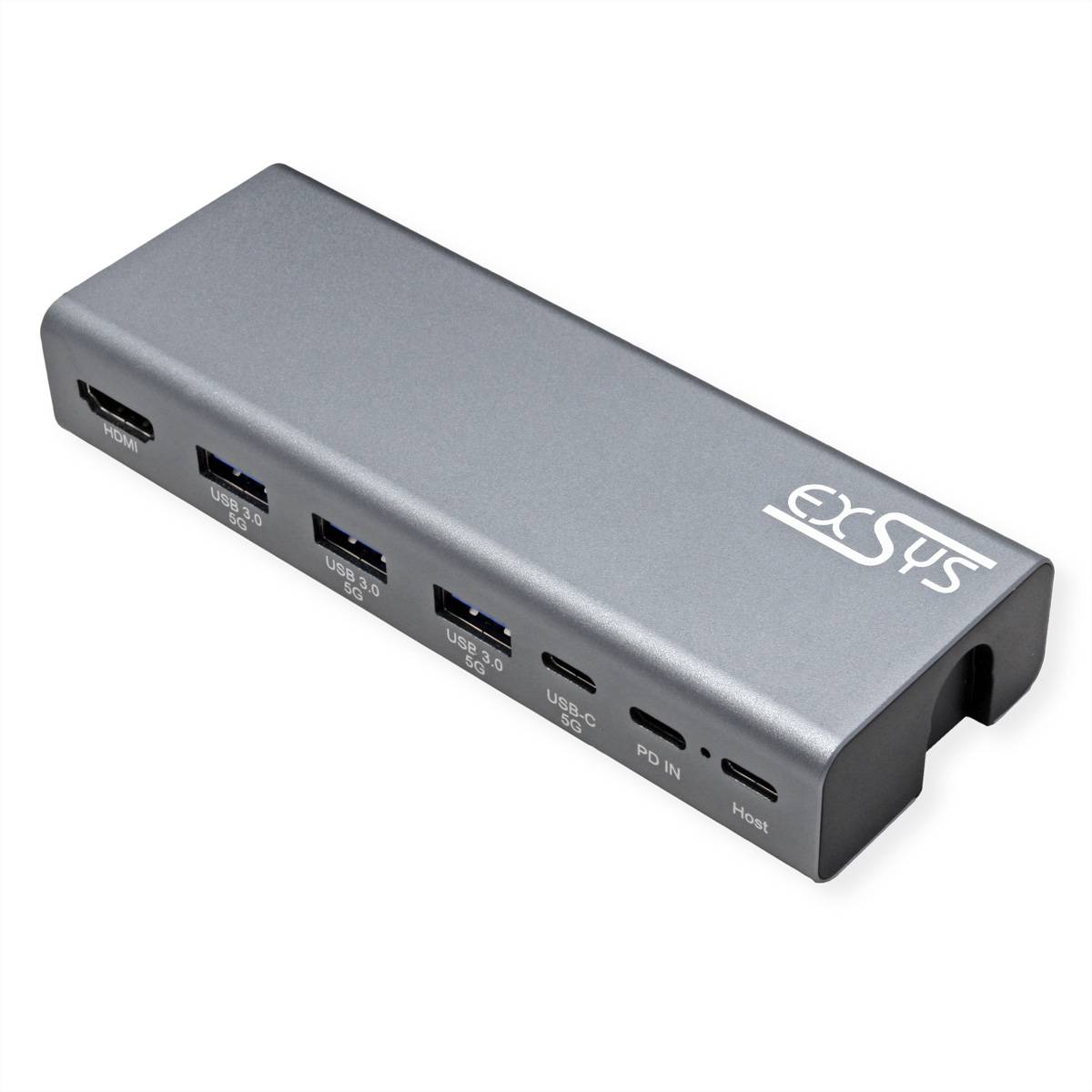 Ein silberner Multi-Port-USB-Hub mit HDMI, drei USB 3.0-Anschlüssen, PD IN und Host-Anschluss. Das 