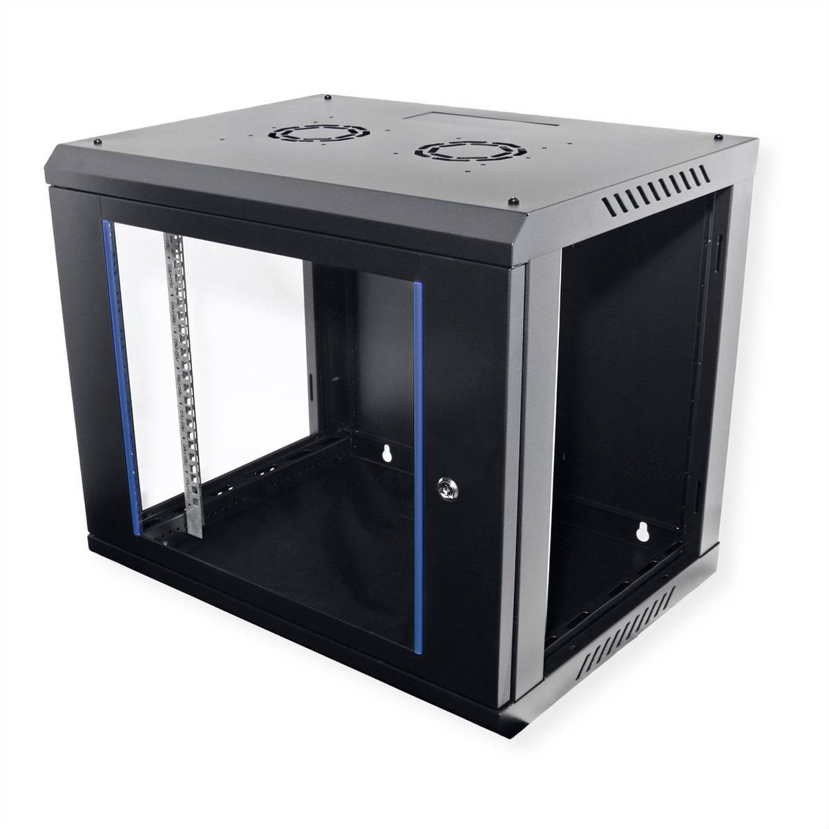 Schwarzes, wandmontiertes Server-Rack-Schrank, vorne und seitlich offen, mit Lüftungslöchern oben, entworfen für Netzwerkausrüstung.
