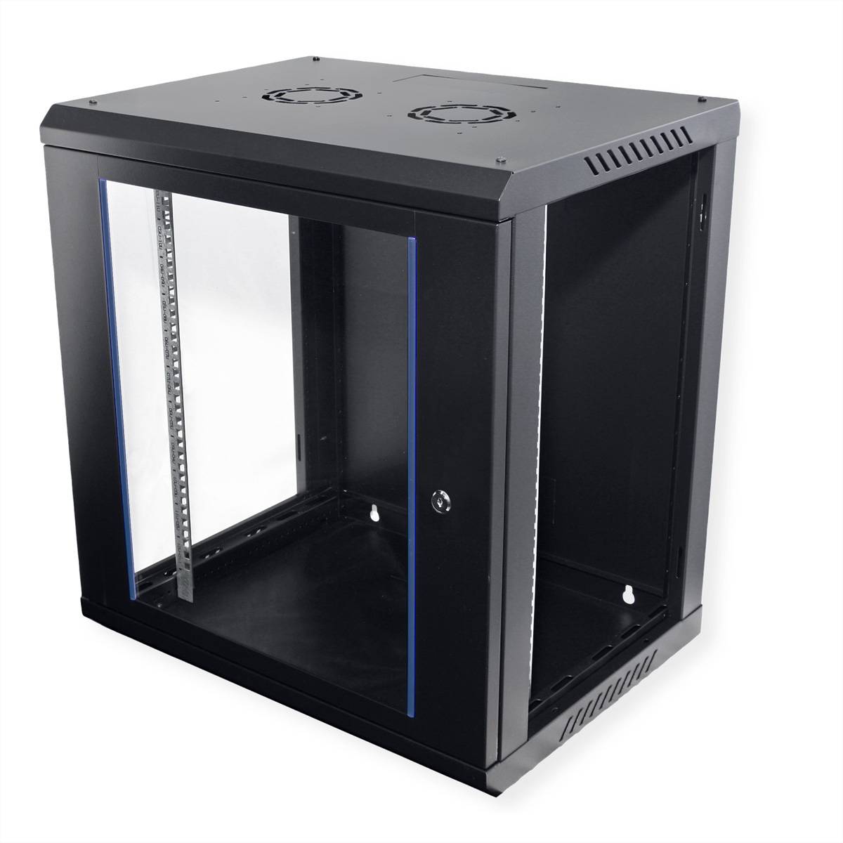 Ein schwarzes, wandmontiertes Serverschrank mit transparenter Seitenpanel und perforierter Oberseite, konzipiert für die Installation von Netzwerkgeräten.