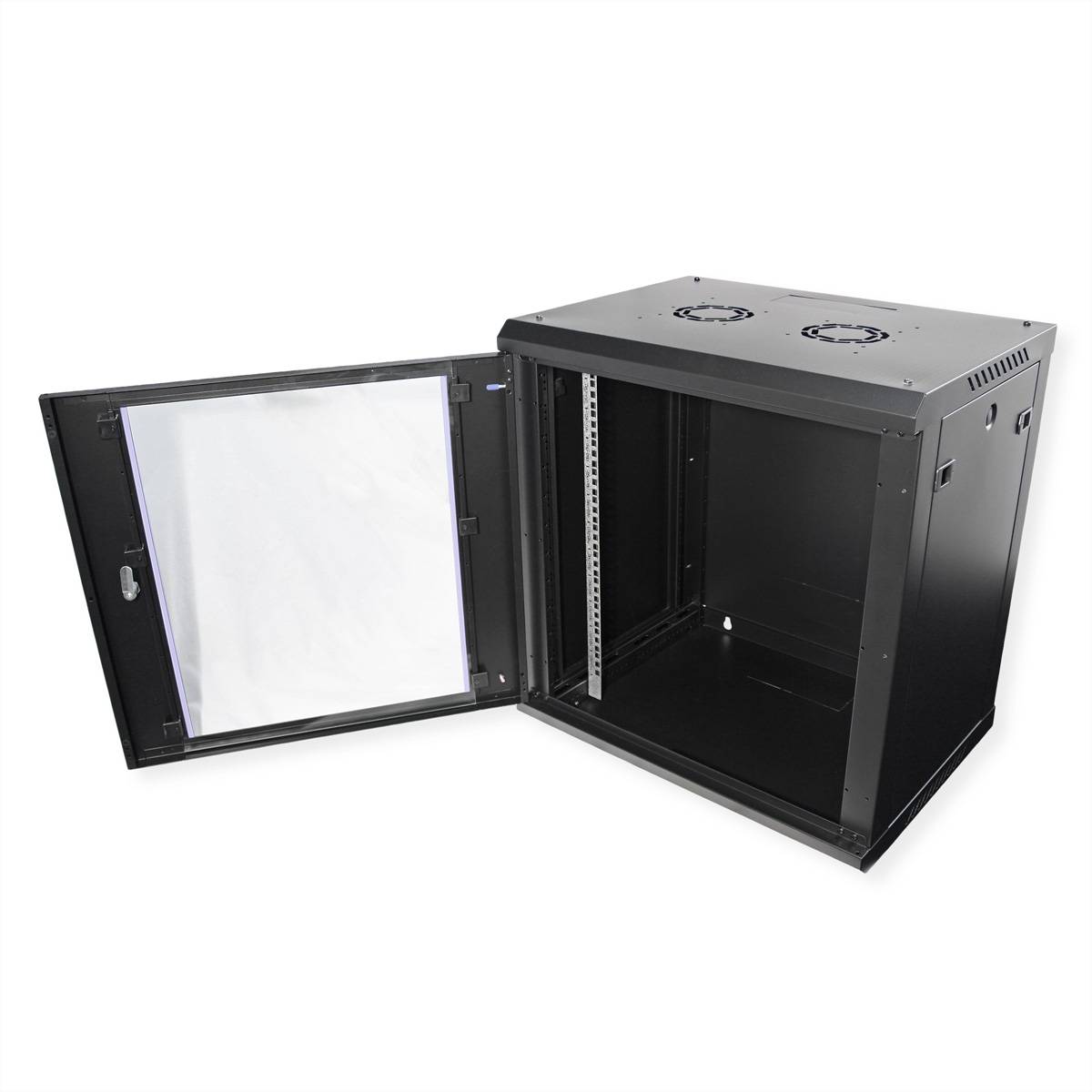 Ein offenes schwarzes Metallserver-Rack-Schrank mit Glastür, ausgestattet mit zwei Lüftungsventilatoren oben, geeignet für kleine Netzwerkgeräte.