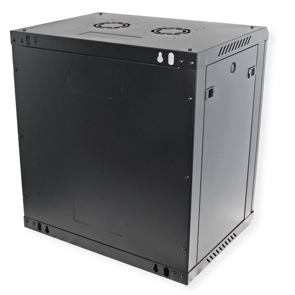 Schwarze Metallservergehäuse mit Lüftungsöffnungen oben, zwei Seitenpanelen und vorderen Verriegelungsmechanismen. Geeignet für die Lagerung von Netzwerkausrüstung.