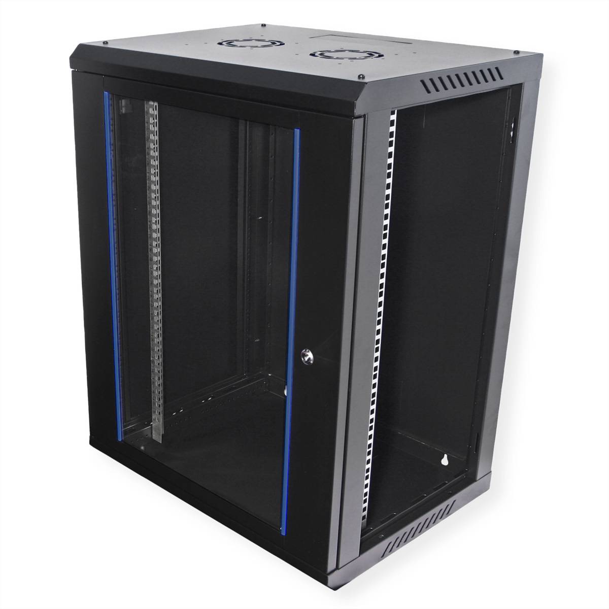 Ein schwarzes Server-Rack-Gehäuse mit Glastür, mit Belüftungslöchern oben, wird zur Organisation und zum Unterbringen von Netzwerkausrüstung verwendet.