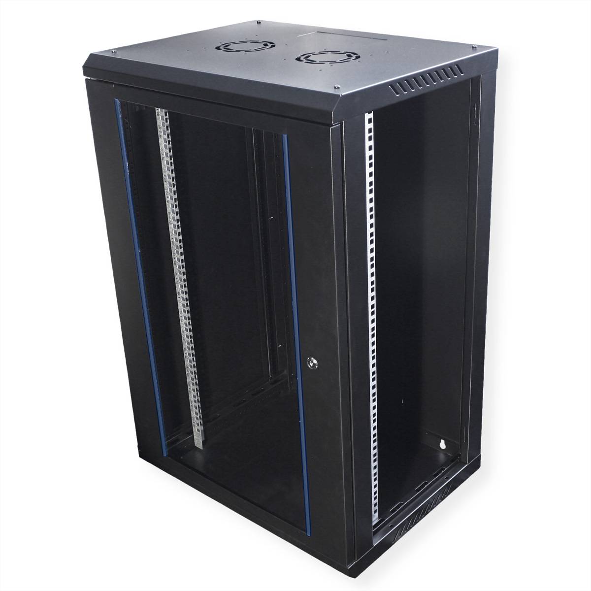 Ein schwarzes, leeres Netzwerk-Serverrack mit transparenter Frontür und Belüftungsventilatoren oben, geeignet zur Aufnahme von IT- und Netzwerkgeräten.