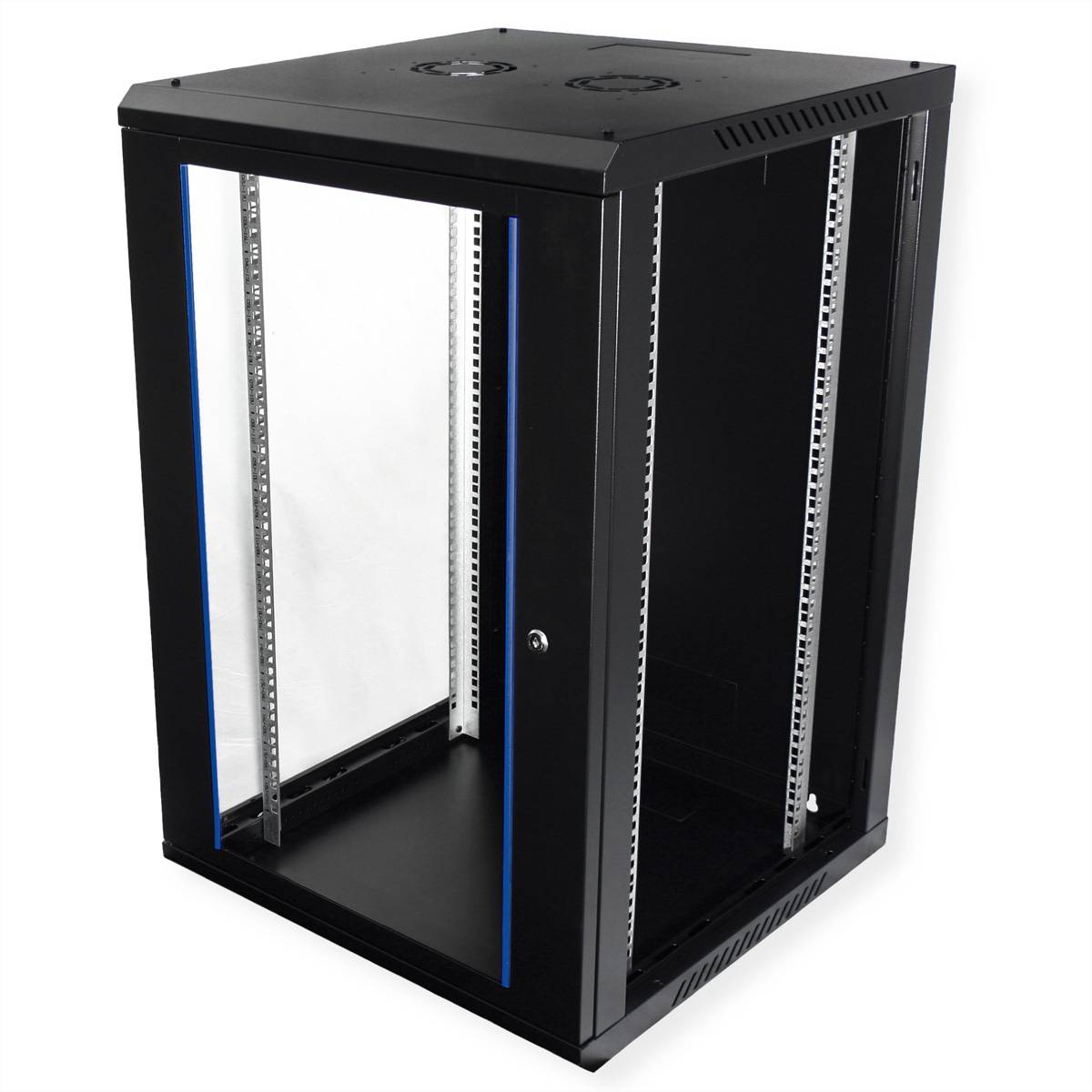 Ein schwarzer Server-Rack-Schrank mit Glastür an der Vorderseite, der leere Plätze zur Ausrüstungsinstallation zeigt.