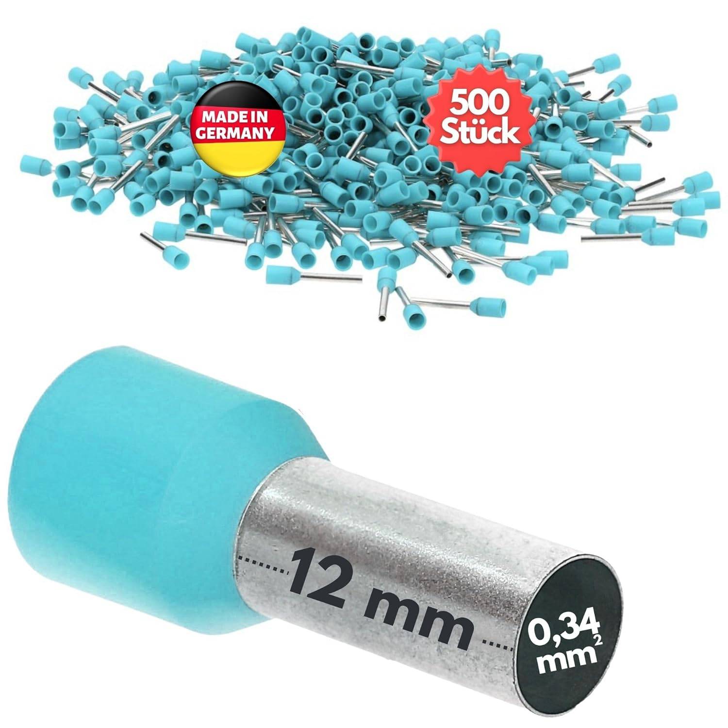 500 Stück Kalitec AE03412TK Aderendhülsen isoliert 0,34mm² 12mm lang türkis I Made in Germany I Industriequalität