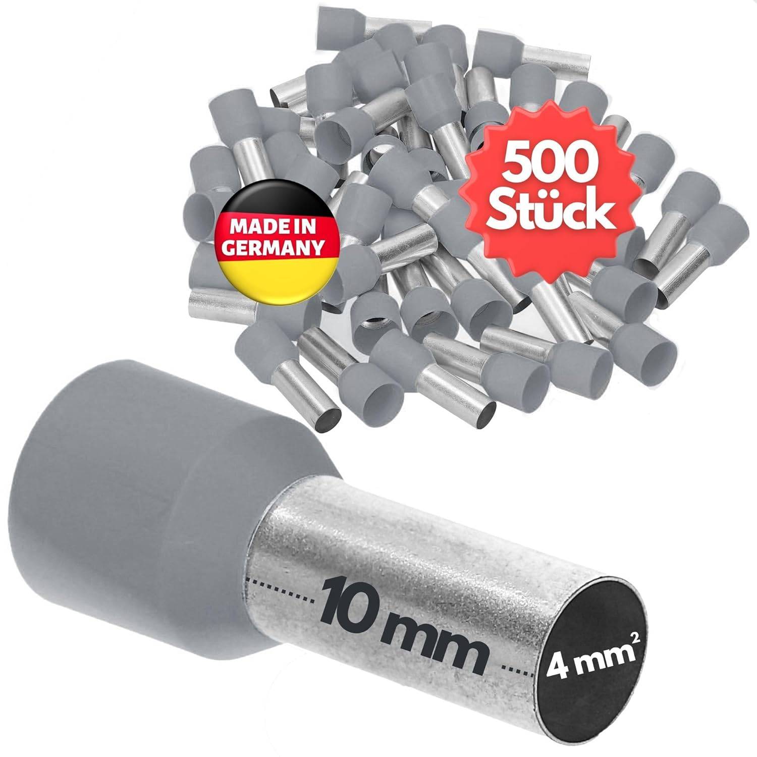 500 Stück Kalitec AE410GR Aderendhülsen isoliert 4,0mm² 10mm lang grau I Made in Germany I Industriequalität