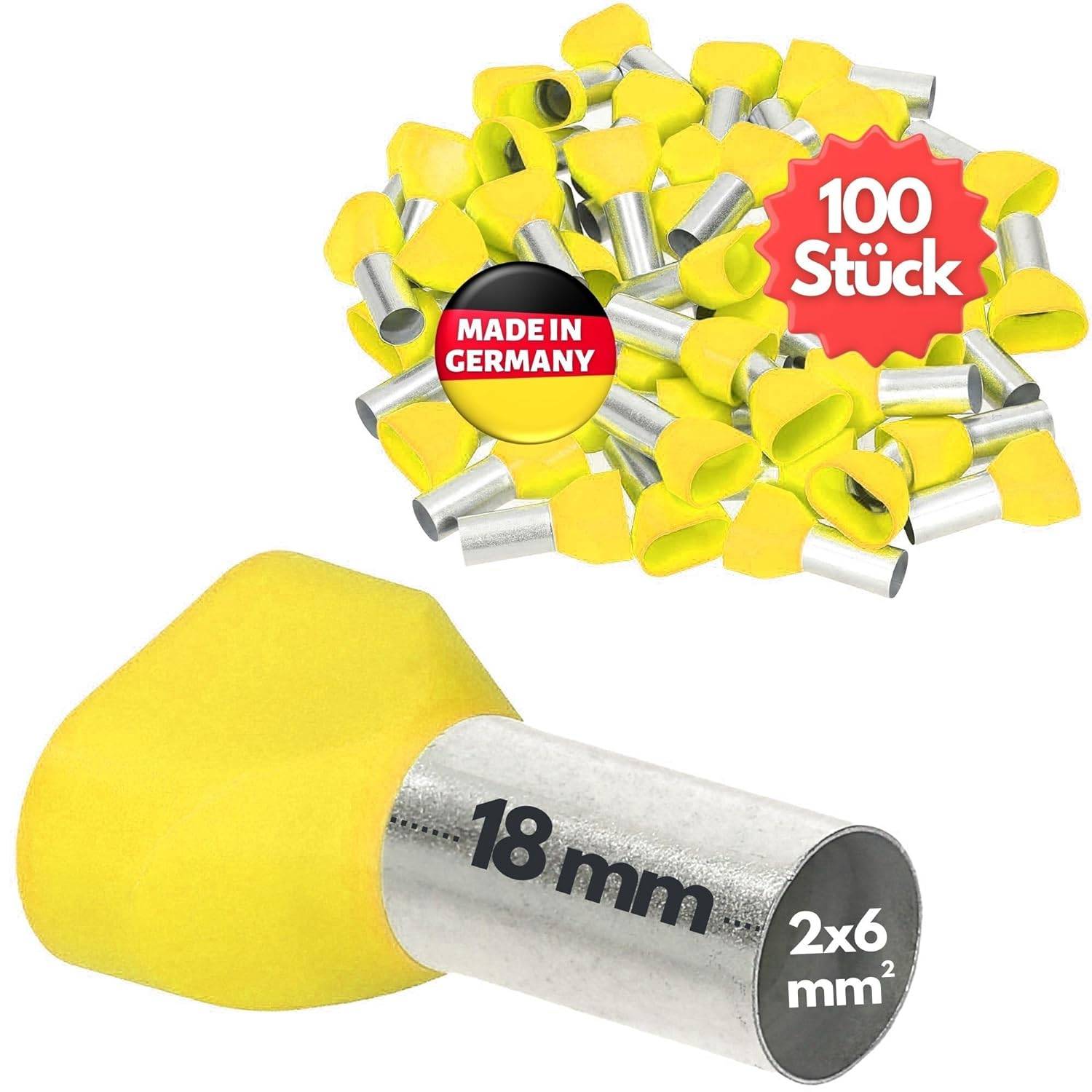 100 Stück Kalitec AET618GE Zwillingsaderendhülsen isoliert 2x6,0mm² 18mm lang gelb I Made in Germany I Industriequalität