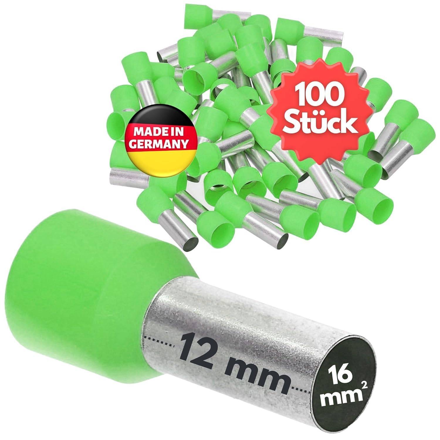 100 Stück Kalitec AE1612GN Aderendhülsen isoliert 16,0mm² 12mm lang grün I Made in Germany I Industriequalität