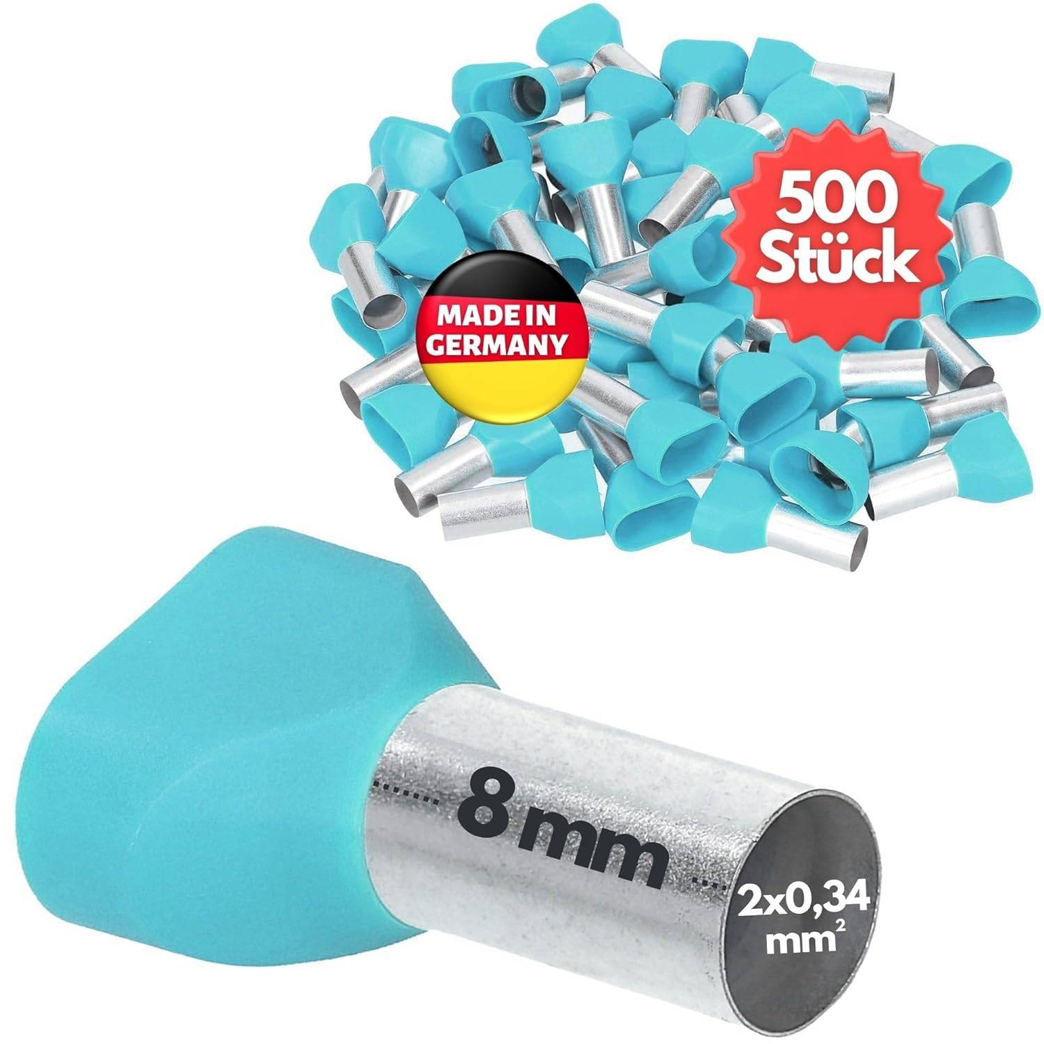 500 Stück Kalitec AET03408TK Zwillingsaderendhülsen isoliert 2x0,34mm² 8mm lang türkis I Made in Germany I Industriequal