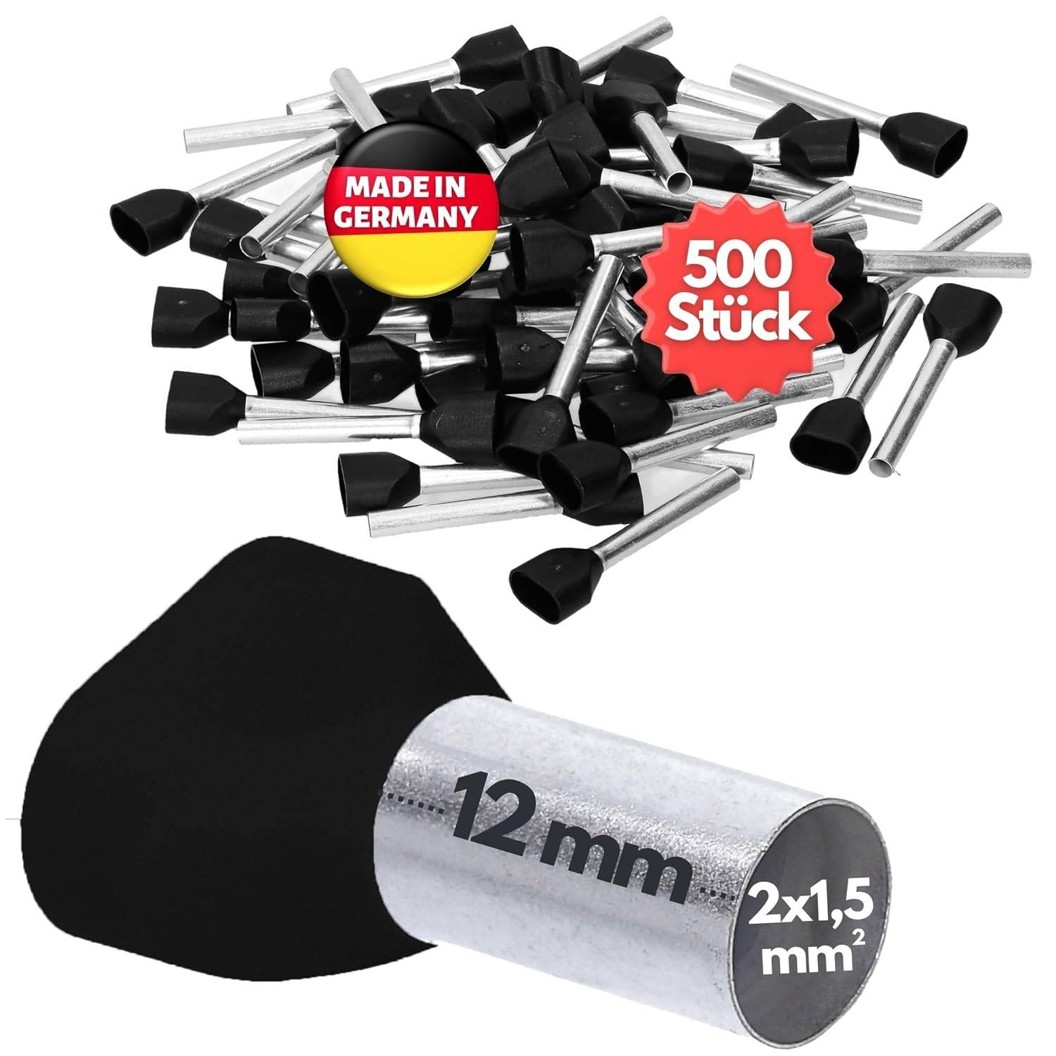 500 Stück Kalitec AET1512SW Zwillingsaderendhülsen isoliert 2x1,5mm² 12mm lang schwarz I Made in Germany I Industriequal