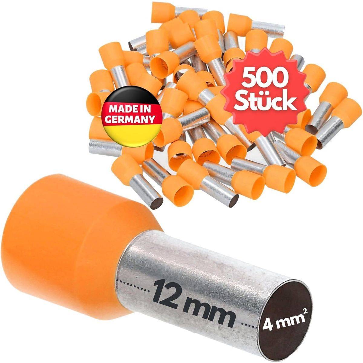 500 Stück' orangefarbene Aderendhülsen, 12 mm x 4 mm², sind aufgestapelt. Nahaufnahme einer einzelnen Aderendhülse im Vordergrund. 'MADE IN GERMANY' Abzeichen sichtbar.