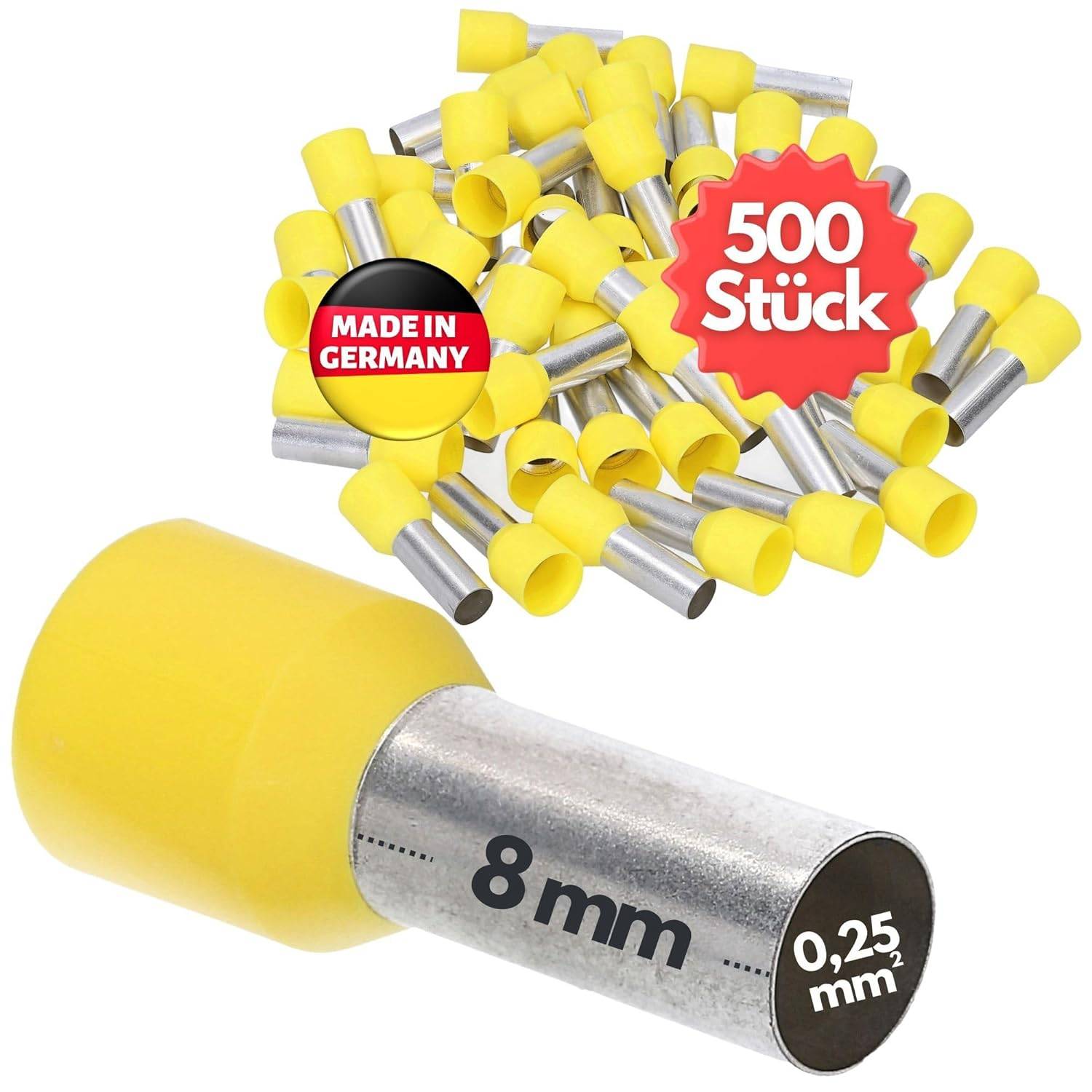 500 Stück Kalitec AE02508GE Aderendhülsen isoliert 0,25mm² 12mm lang gelb I Made in Germany I Industriequalität