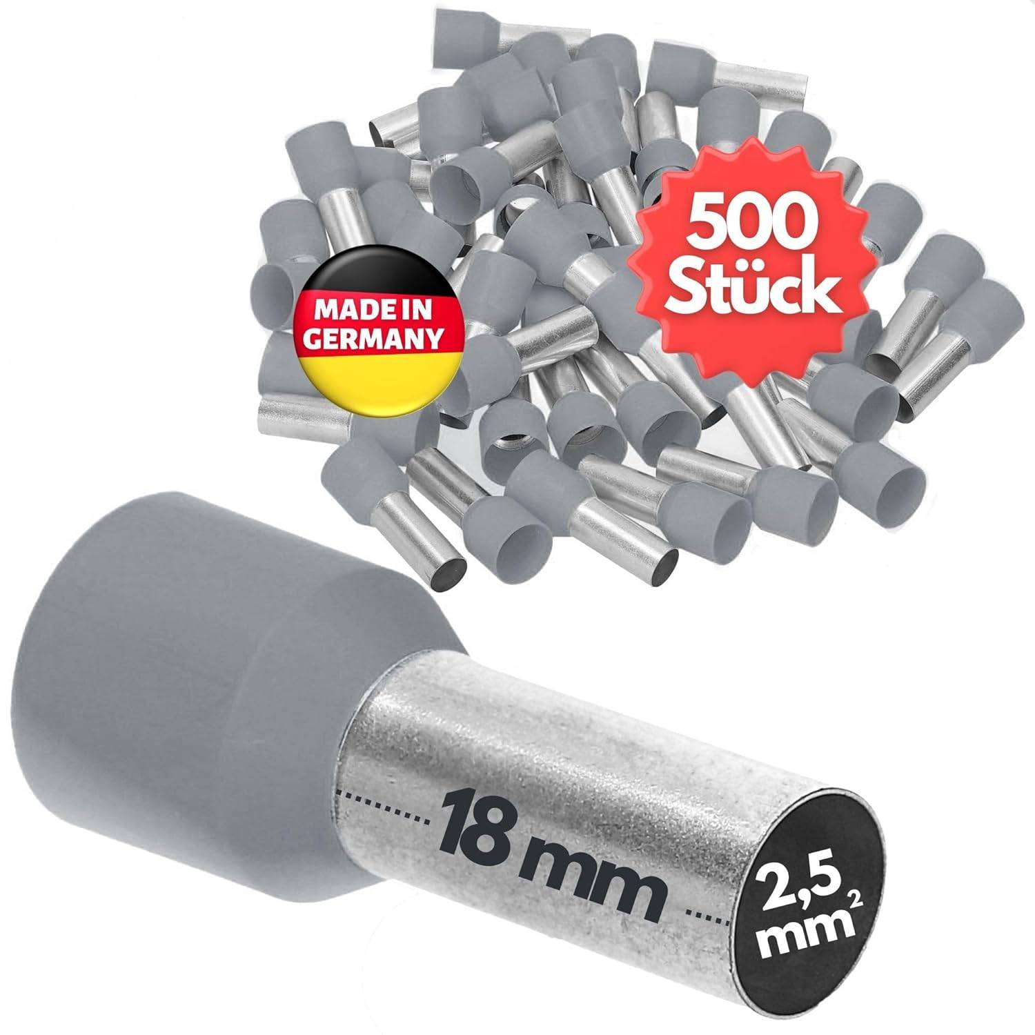 500 Stück Kalitec AE2518GR Aderendhülsen isoliert 2,5mm² 18mm lang grau I Made in Germany I Industriequalität