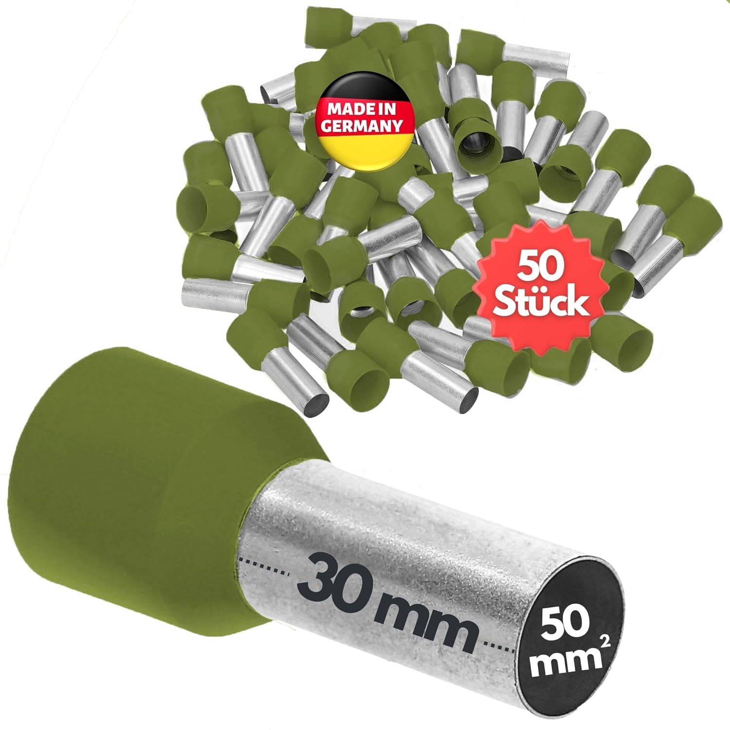 50 Stück Kalitec AE5030OL Aderendhülsen isoliert 50mm² 30mm lang olive I Made in Germany I Industriequalität
