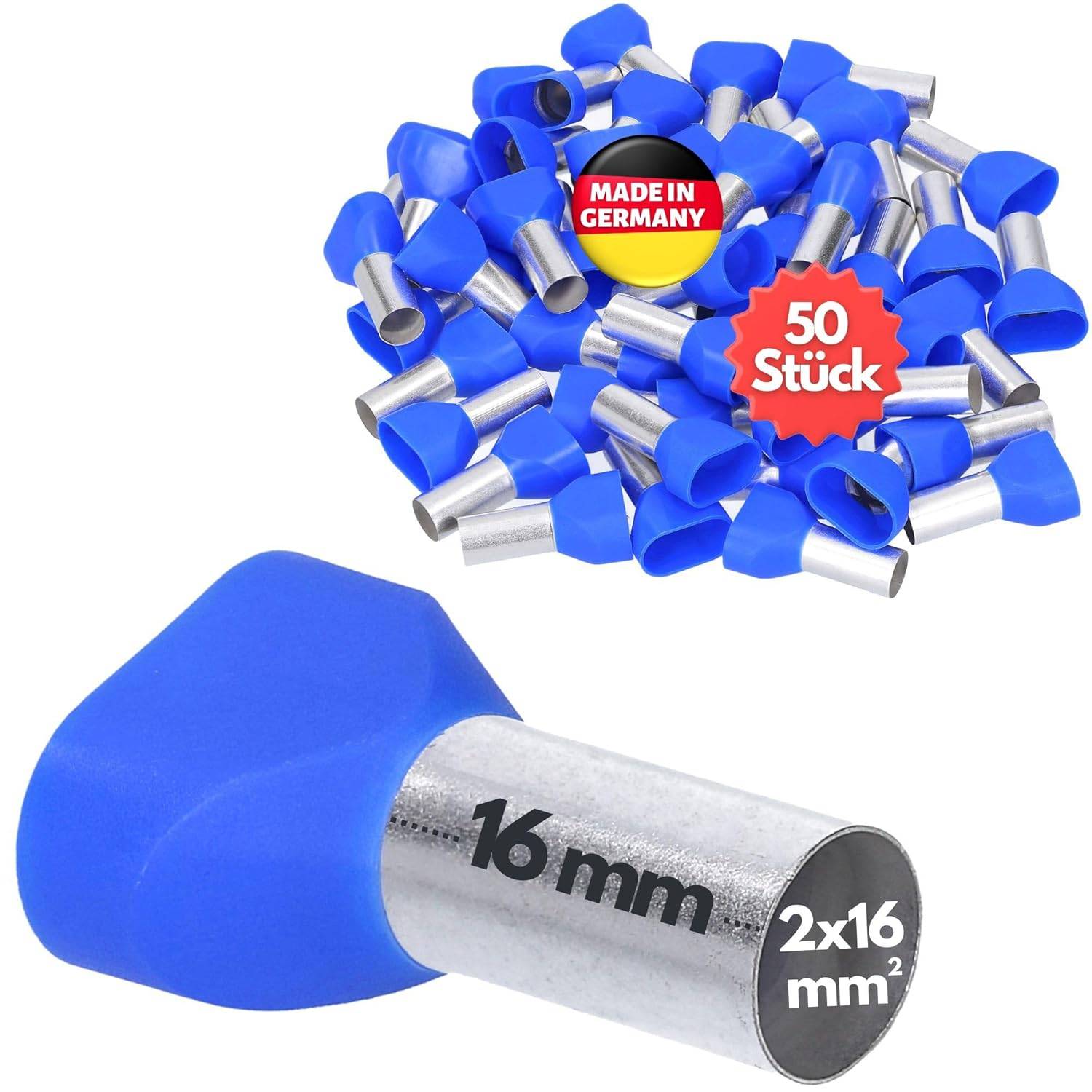50 Stück Kalitec AET1616BL Zwillingsaderendhülsen isoliert 2x16,0mm² 16mm lang blau I Made in Germany I Industriequalitä