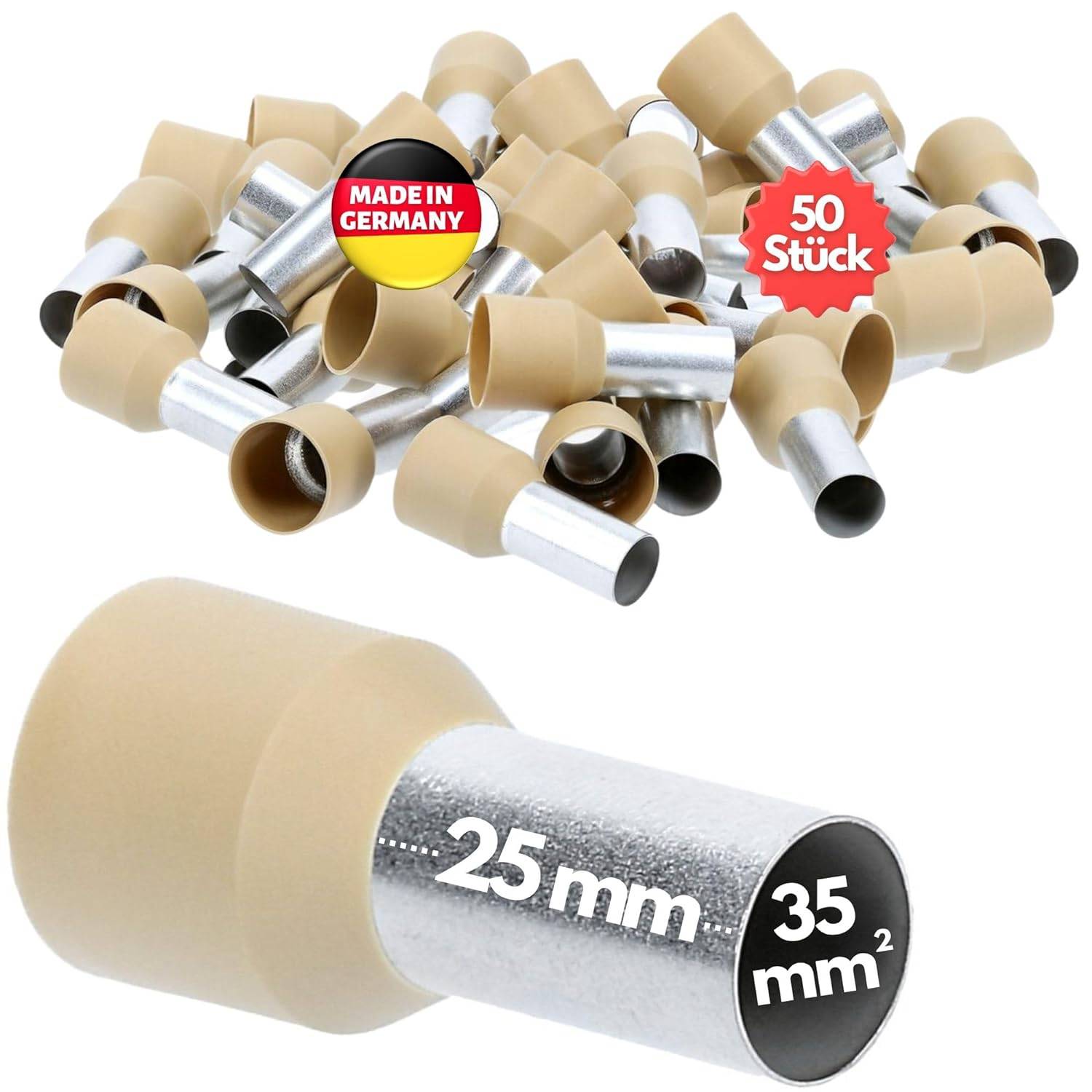 50 Stück Kalitec AE3525HBR Aderendhülsen isoliert 35mm² 25mm lang hellbraun I Made in Germany I Industriequalität