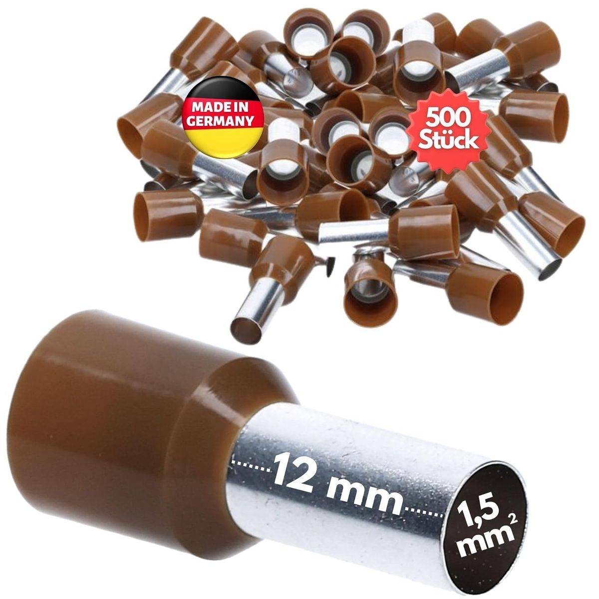Braune Ferrule mit silbernen Spitzen, Größe 1,5 mm², in Großmengen und einzeln dargestellt. Text: Made in Germany, 500 Stück, 12 mm.