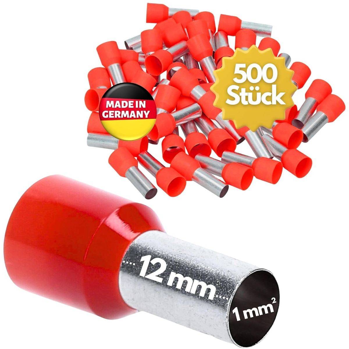 Rote isolierte Aderendhülsen mit Beschriftung '12 mm' und '1 mm²', mit 500 Stück gekennzeichnet 'Made in Germany'.