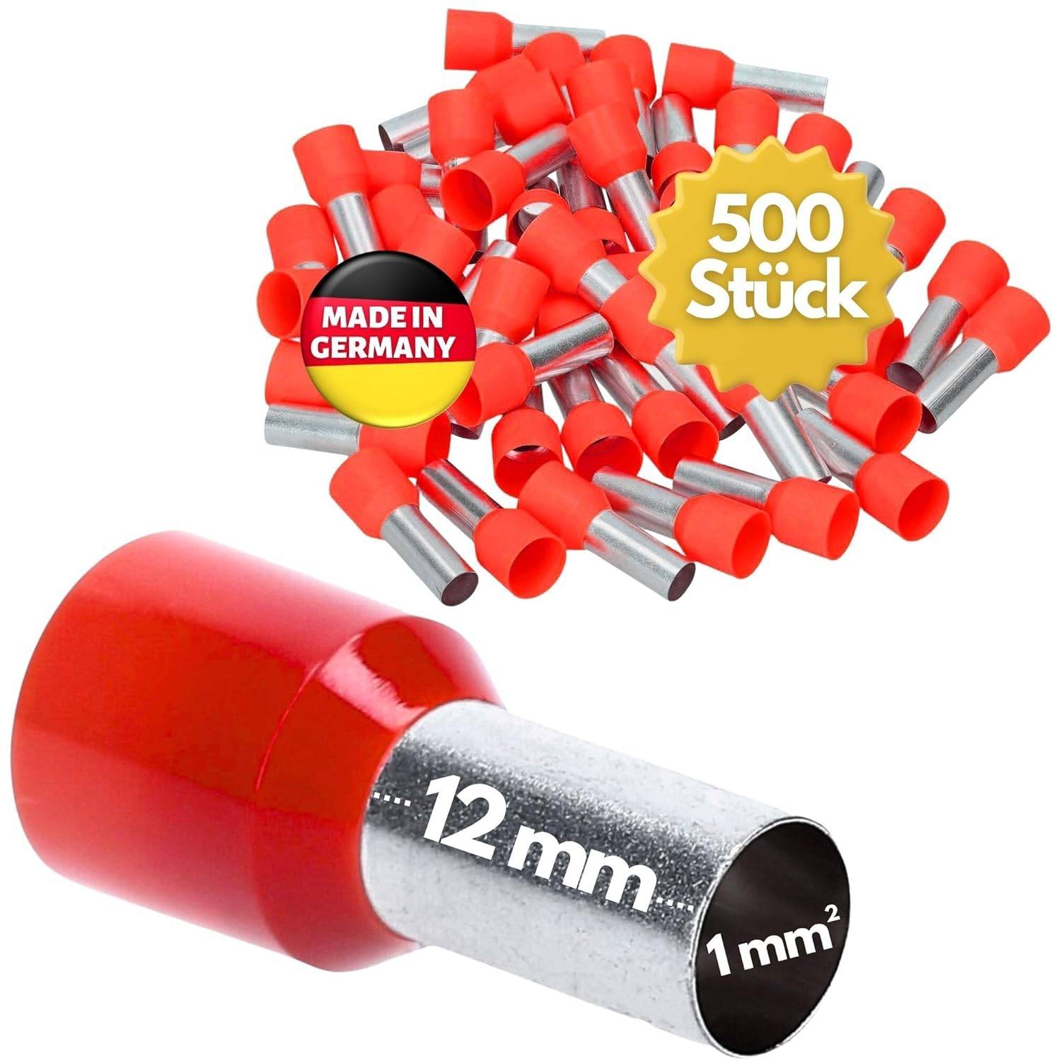 500 Stück Kalitec AE112RT Aderendhülsen isoliert 1,0mm² 12mm lang rot I Made in Germany I Industriequalität