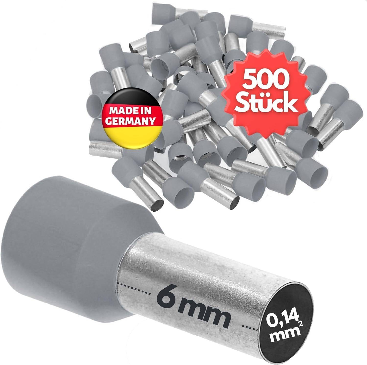 500 Stück Kalitec AE01406GR Aderendhülsen isoliert 0,14mm² 6mm lang grau I Made in Germany I Industriequalität