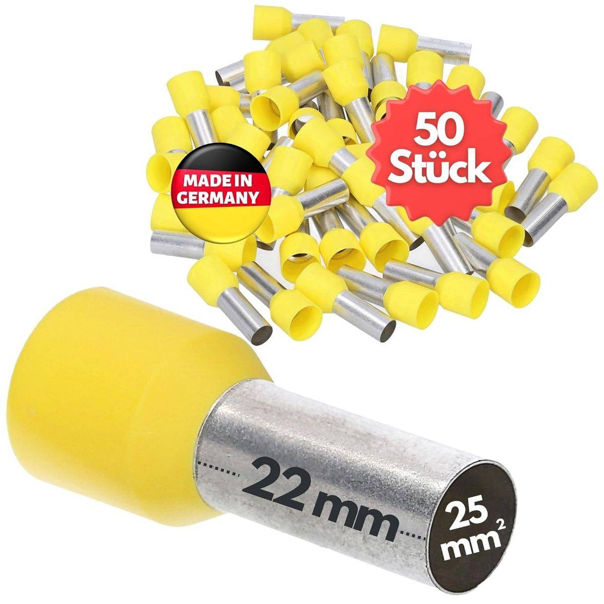 Ein Satz von 50 gelben Ferrules; beschriftet 22 mm Länge, 25 mm² Querschnitt. Enthält einen Aufkleber mit der Aufschrift „Made in Germany