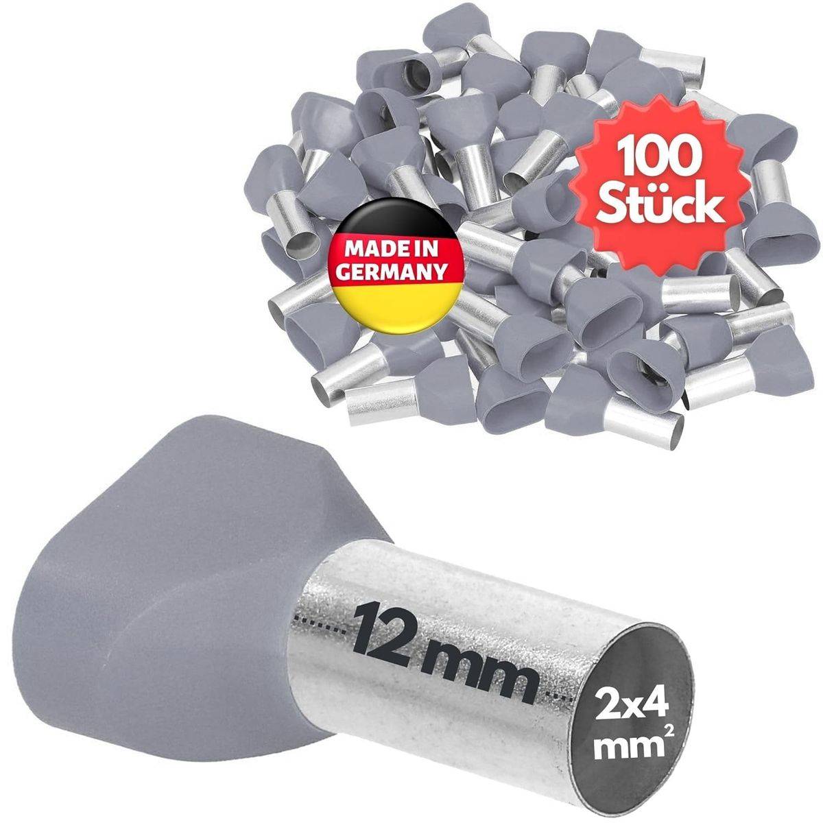 „Crimpklemmen, 100 Stück, 12 mm, 2x4 mm², Made in Germany.