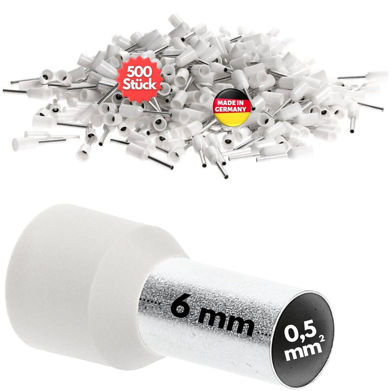 500 Stück Kalitec AE0506WS Aderendhülsen isoliert 0,5mm² 6mm lang weiß I Made in Germany I Industriequalität