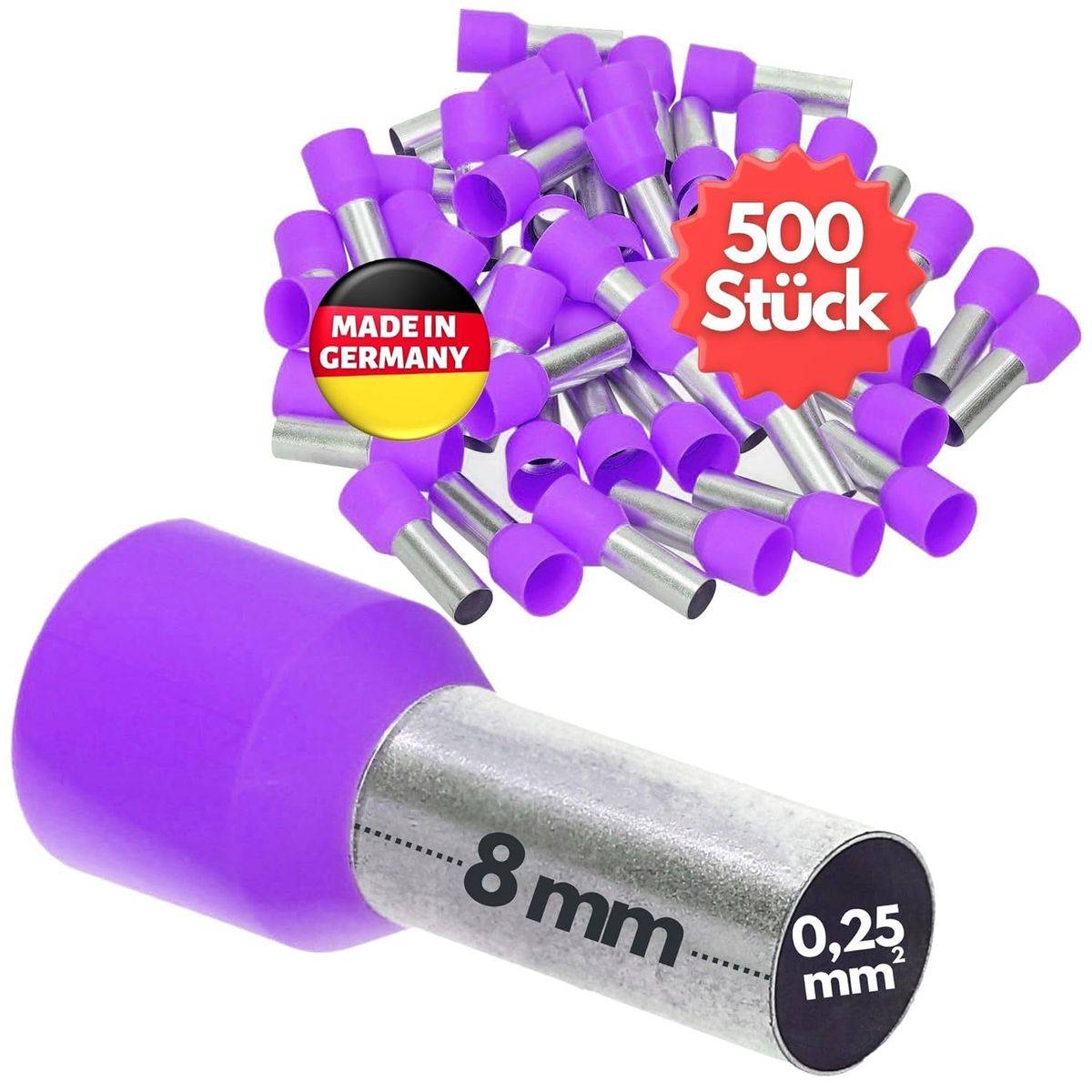 500 Stück' Satz mit 8mm isolierten Crimpklemmen mit violetten Hülsen, gekennzeichnet mit 'Made in Germany'.