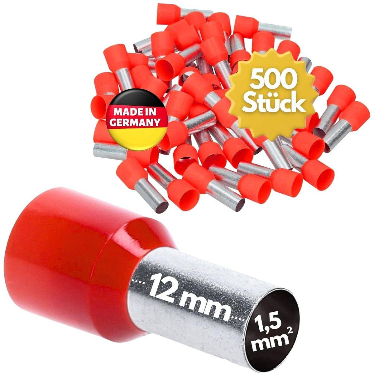500 Stück' rote isolierte Aderendhülsen, 1,5mm², 12mm Länge. Made in Germany. Haufen loser Aderendhülsen hinter einem einzelnen, vergrößerten Beispiel.