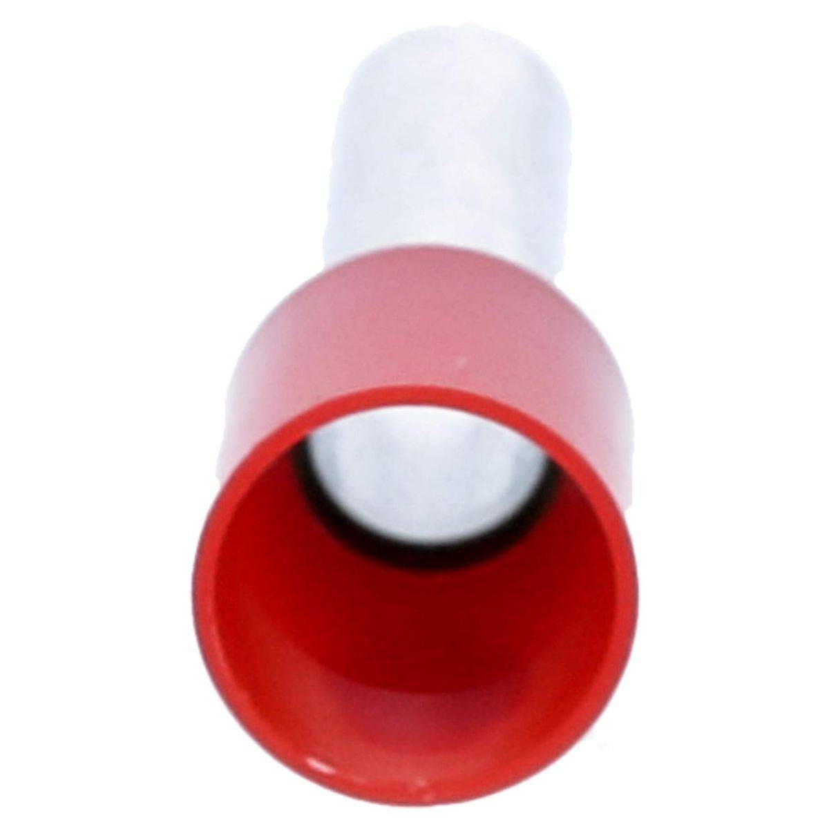 Ein rotes Kunststoff-Objekt in Kegelform mit einer weißen zylindrischen Basis, wahrscheinlich ein Spielzeug-Megaphon oder Horn, von der Öffnung aus betrachtet.