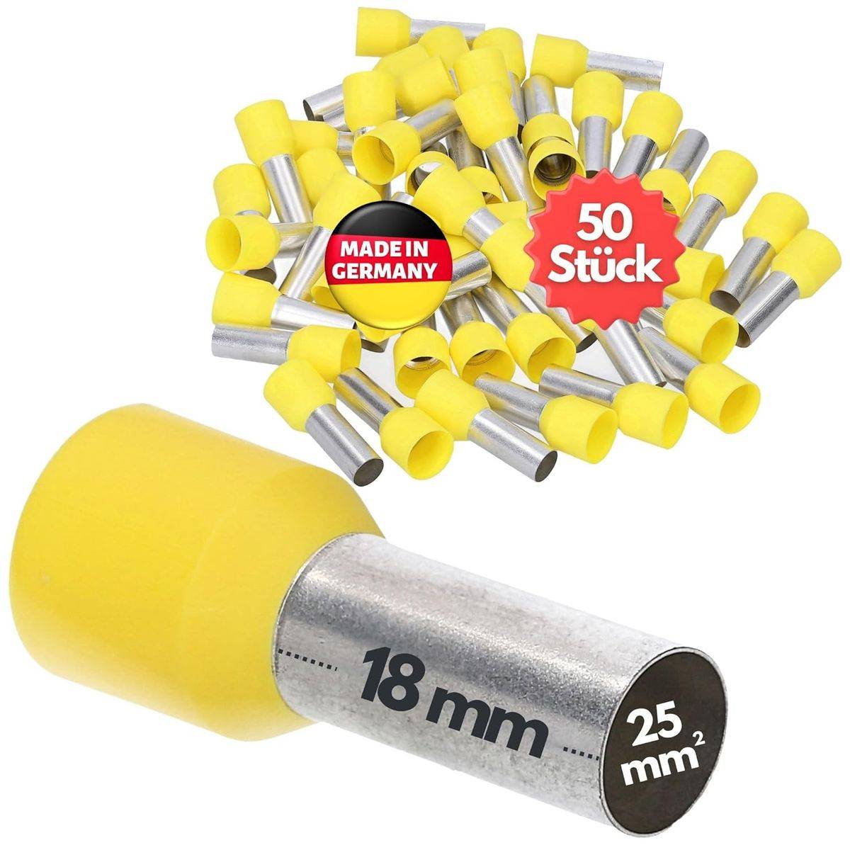Gelbe Kabelschuhklemmen mit silbernen Enden, gekennzeichnet mit „18 mm