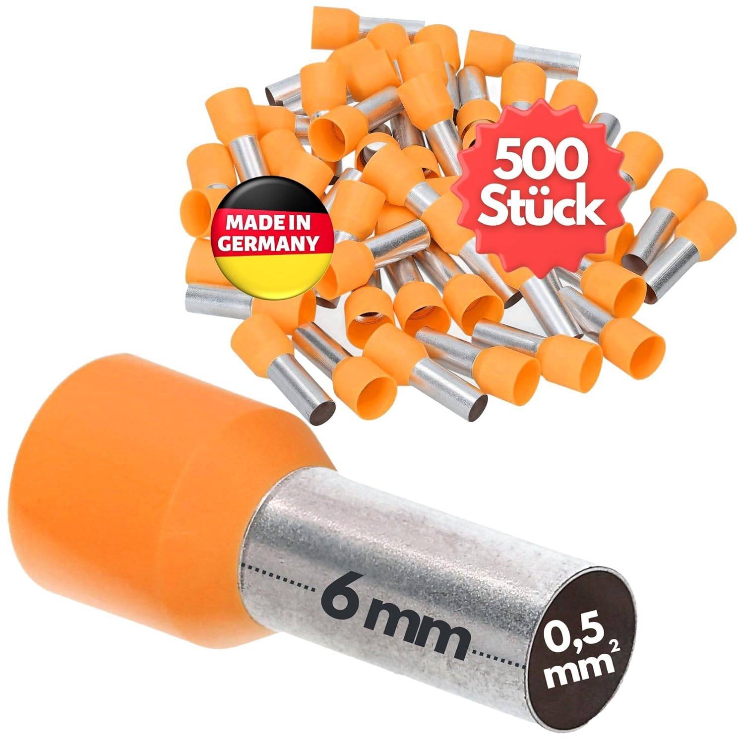 500 Stück Kalitec AE0506OR Aderendhülsen isoliert 0,5mm² I Aderendhülse AWG 20 I orange 6mm lang I Kupfer, galvanisch ve