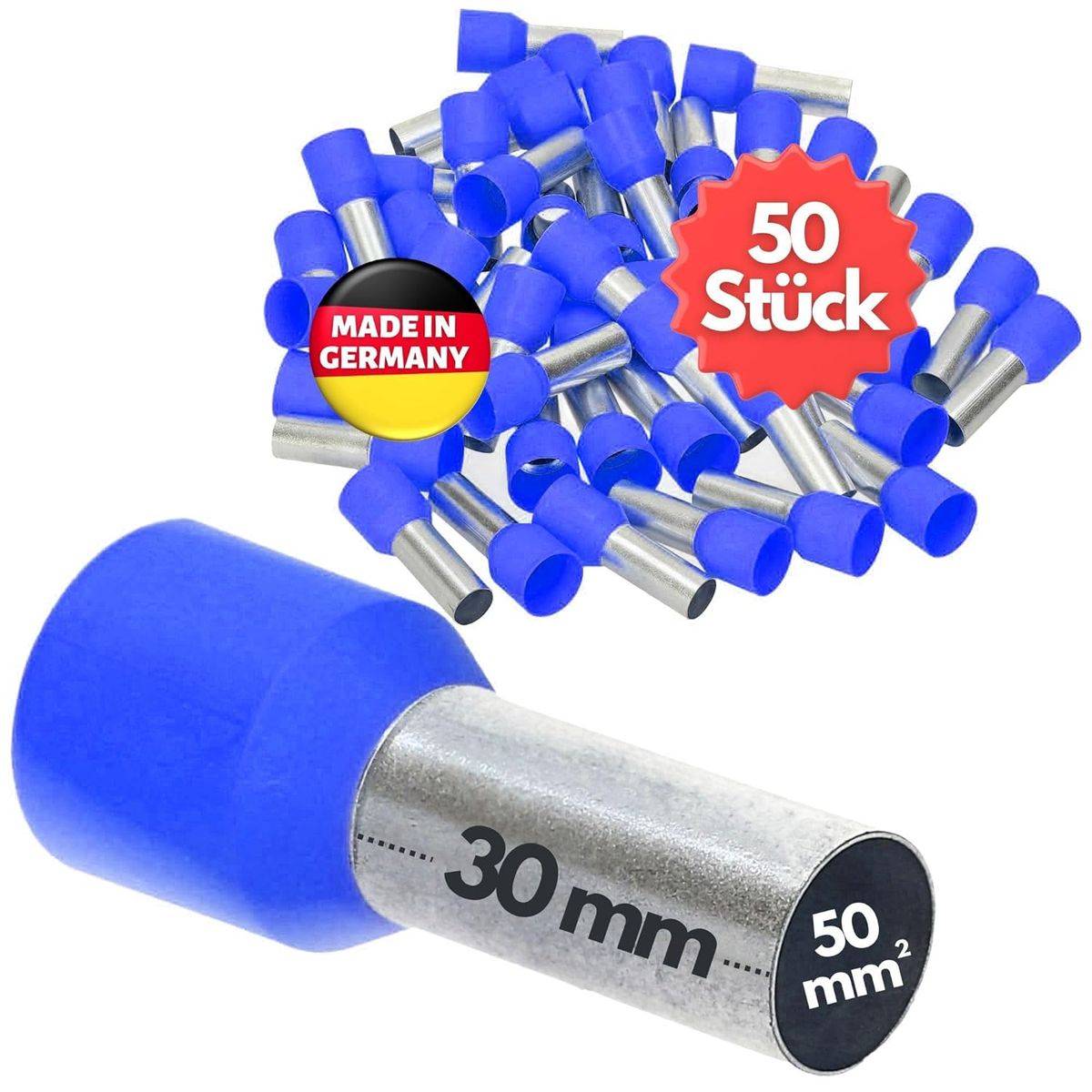 50 Stück' blaue Aderendhülsen mit der Bezeichnung 'Made in Germany'. Die Hauptaderendhülse misst '30 mm', geeignet für '50 mm²' Kabelleitung.