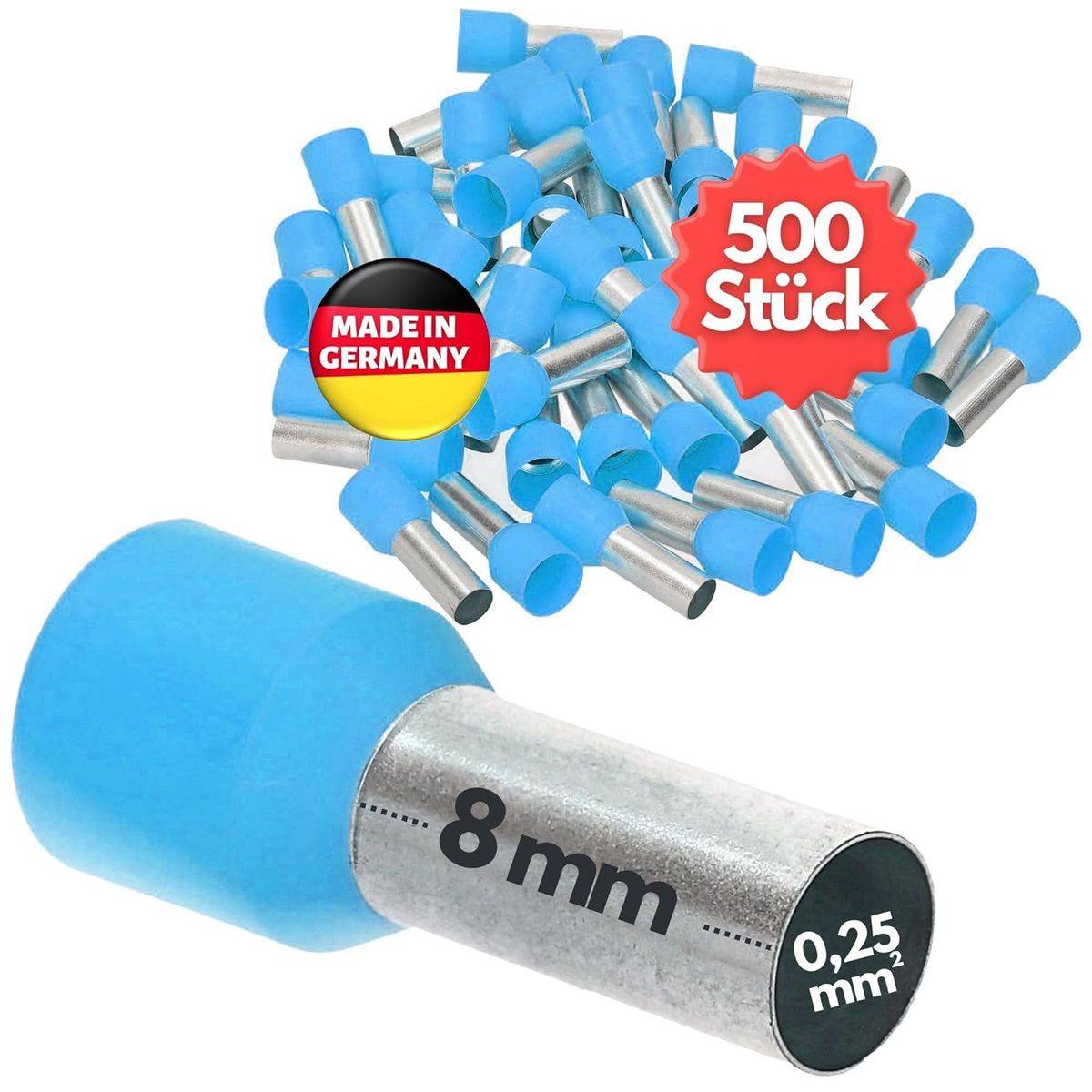 Eine Sammlung blauer Metallverbinder mit der Bezeichnung „8 mm, 0,25 mm²