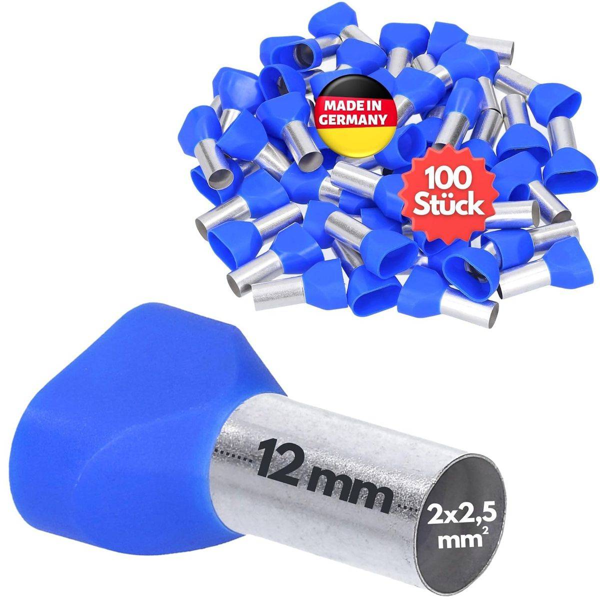 100 blaue Drahtendklemmen, 12mm, 2x2,5mm²; gekennzeichnet mit 'MADE IN GERMANY.' Verwendet für Kabelmanagement und elektrische Verbindungen.