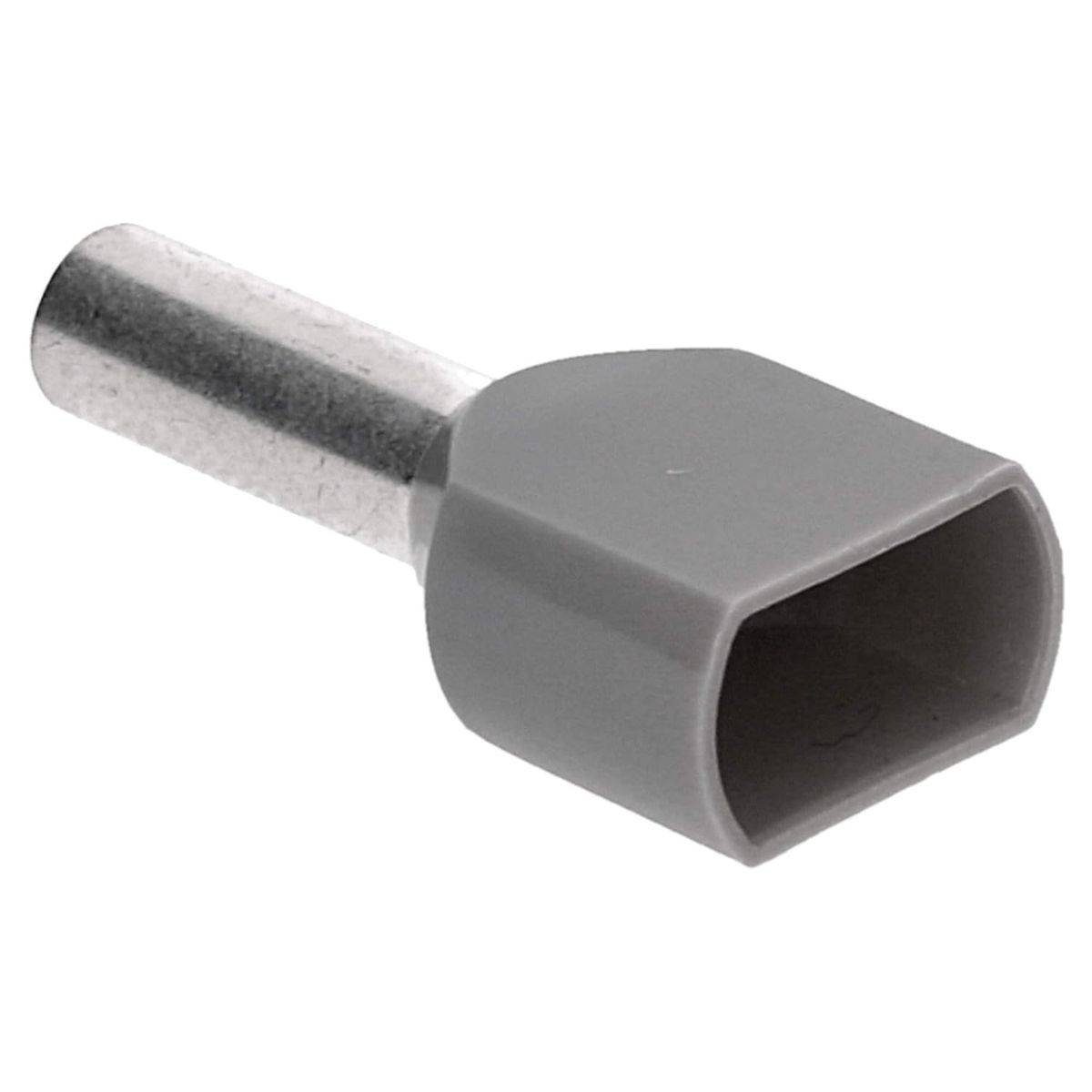 Eine graue isolierte Aderendhülse mit einem zylindrischen Metallschaft, die in elektrischen Anwendungen zur Drahtendsicherung und für sichere Verbindungen verwendet wird.
