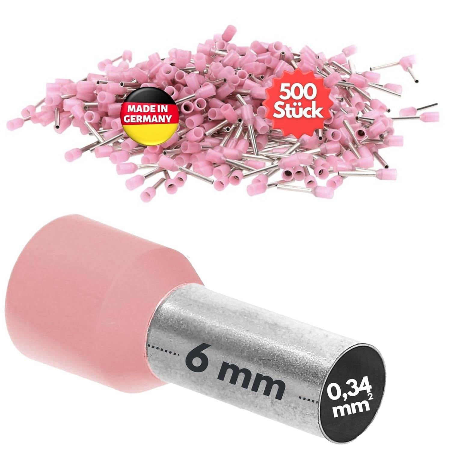 500 Stück Kalitec AE03406RS Aderendhülsen isoliert 0,34mm² 6mm lang rosa I Made in Germany I Industriequalität