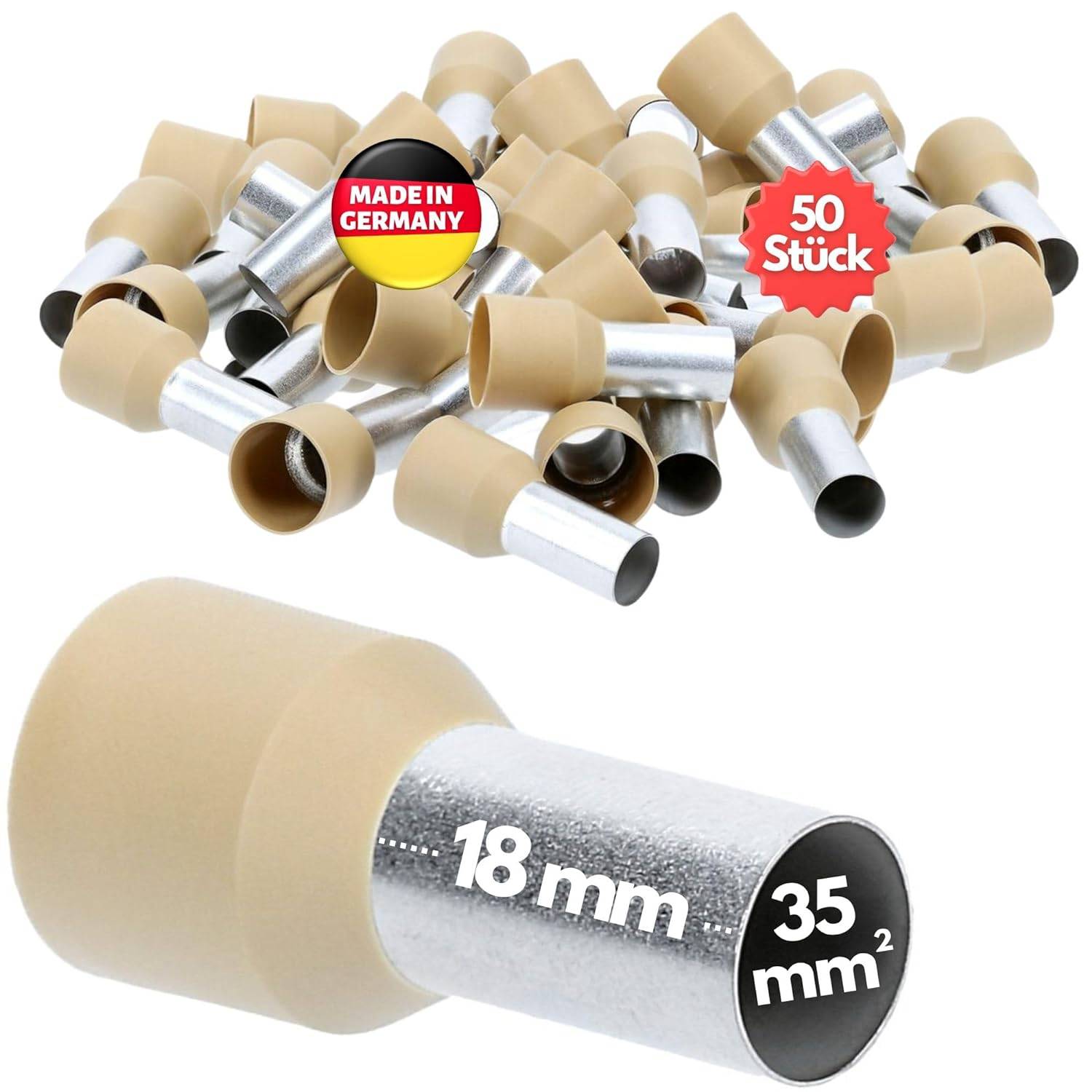50 Stück Kalitec AE3518HBR Aderendhülsen isoliert 35mm² 18mm lang hellbraun I Made in Germany I Industriequalität