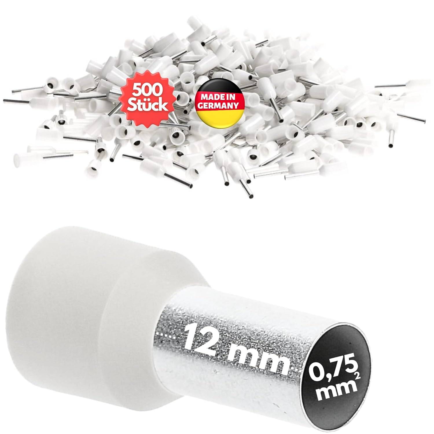 500 Stück Kalitec AE07512WS Aderendhülsen isoliert 0,75mm² 12mm lang weiß I Made in Germany I Industriequalität