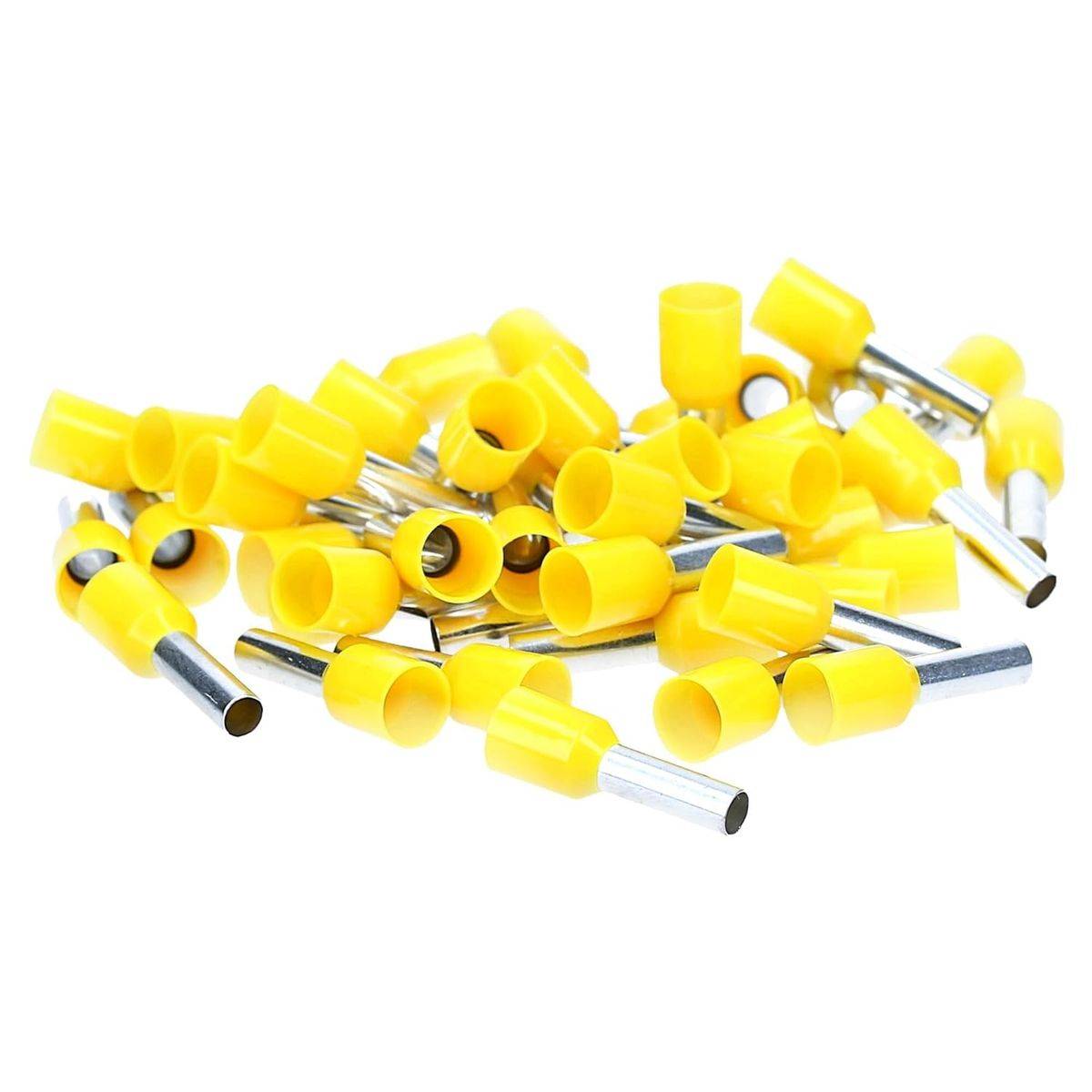 Ein Haufen gelber isolierter Elektrodrahtstecker mit Metallenden, die zum sicheren Verbinden und Isolieren von Drähten verwendet werden.