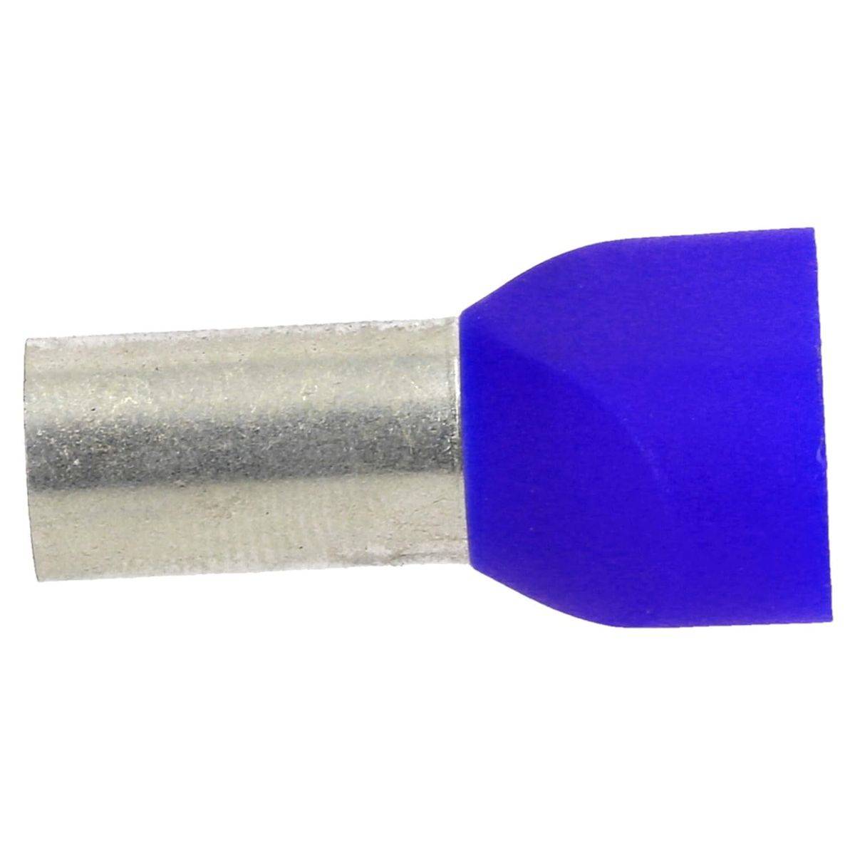 Ein blauer isolierter Drahtverbinder mit einer Metalspitze, der für elektrische Verbindungen verwendet wird.