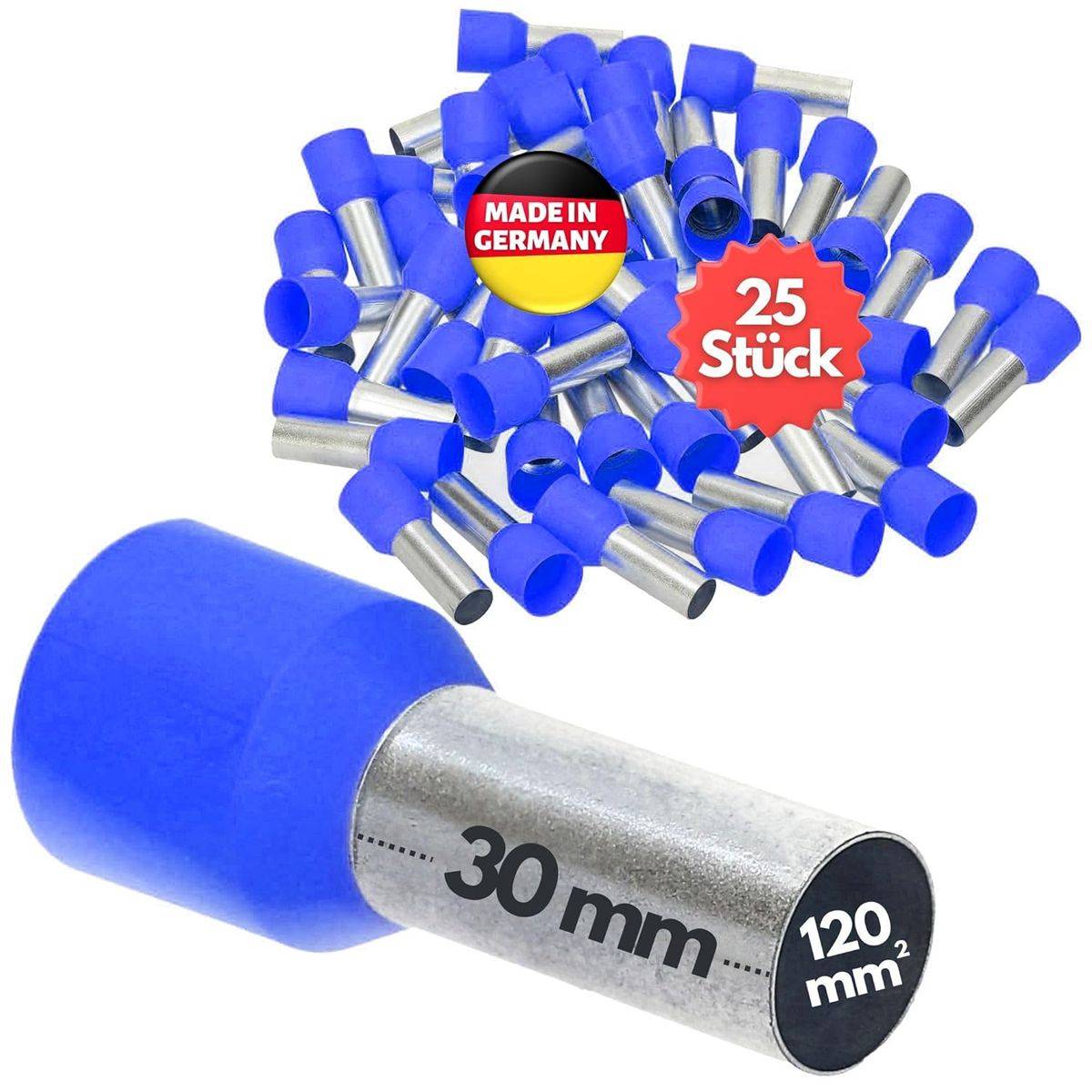 Ein Satz aus 25 blauen Drahtkabelschuhen mit einer Länge von 30 mm und einem Querschnitt von 120 mm², gekennzeichnet mit „Made in Germany