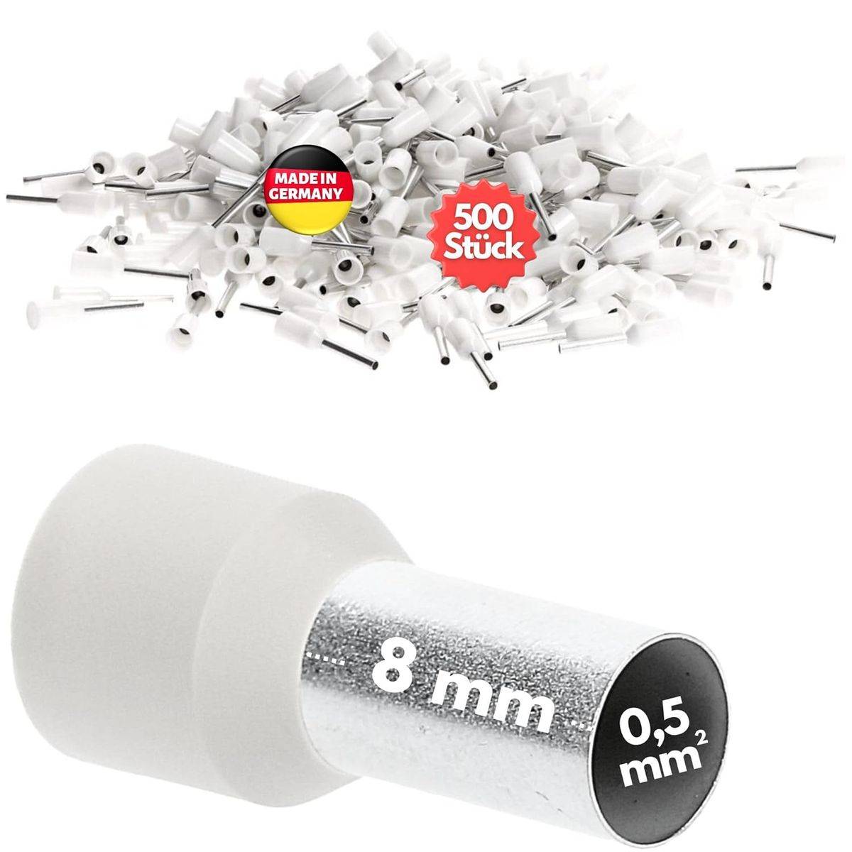 500 Stück Kalitec AE0508WS Aderendhülsen isoliert 0,5mm² 8mm lang weiß I Made in Germany I Industriequalität