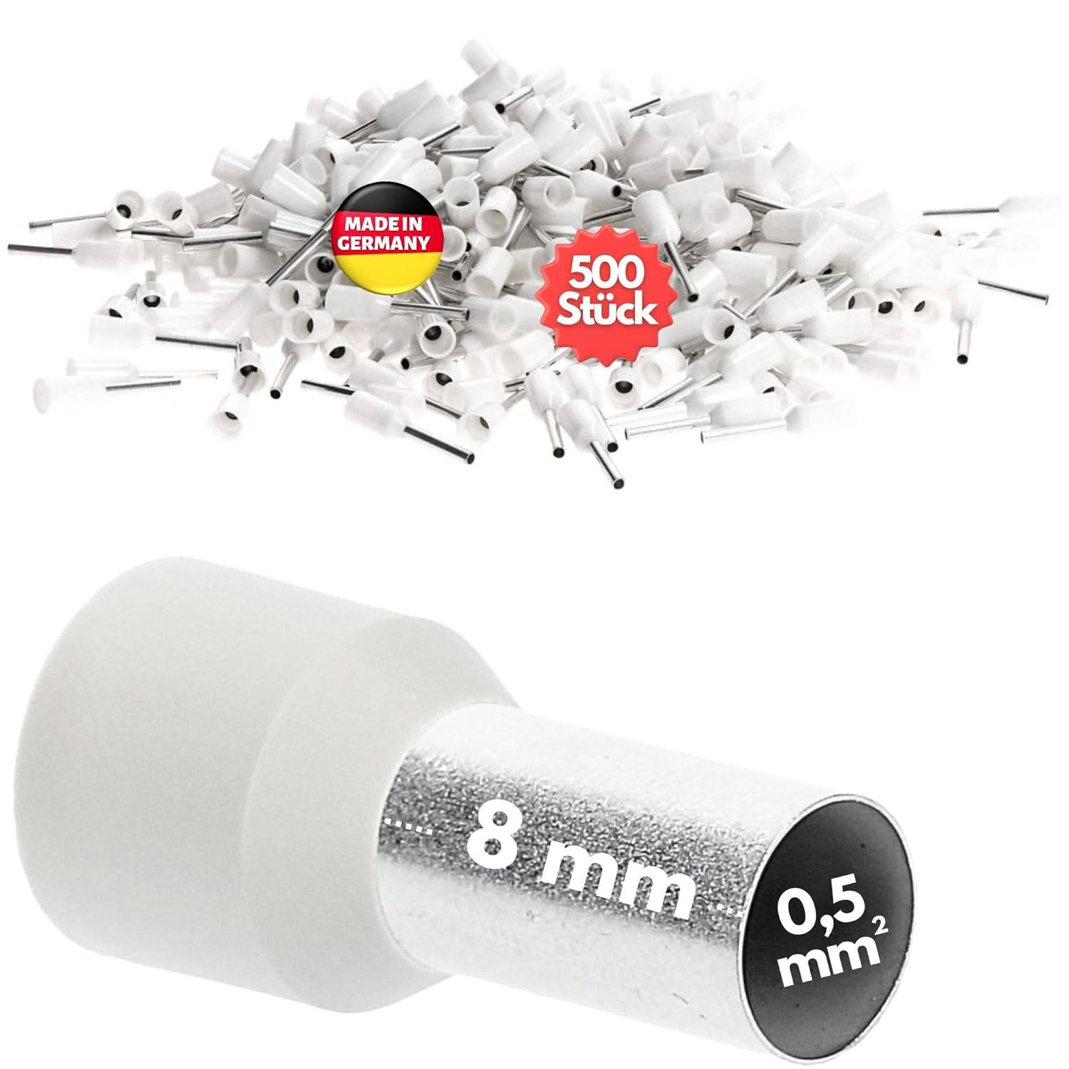 500 Stück Kalitec AE0508WS Aderendhülsen isoliert 0,5mm² 8mm lang weiß I Made in Germany I Industriequalität