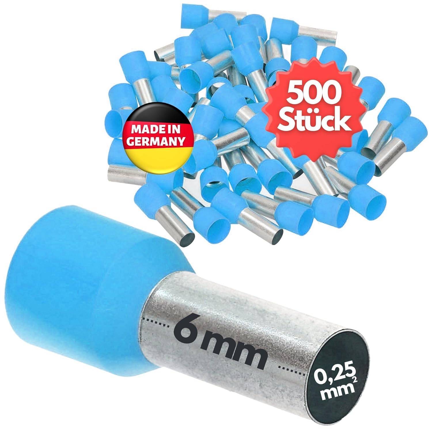 500 Stück Kalitec AE02506HBL Aderendhülsen isoliert 0,25mm² 6mm lang hellblau I Made in Germany I Industriequalität
